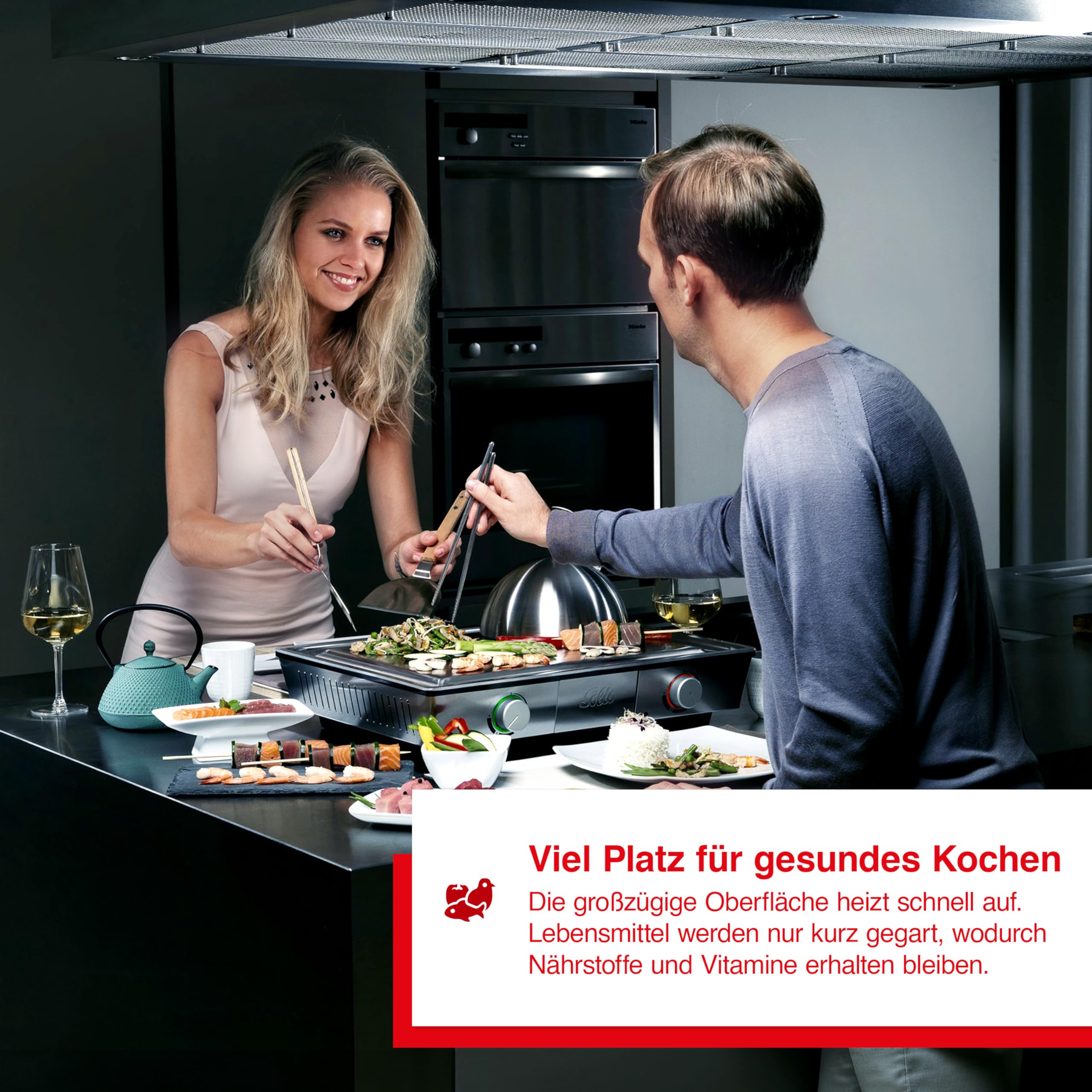 Solis Teppanyaki@Home 795 Tischgrill Elektrogrill Plancha Grillplatte mit Glocke Zwei Heizzonen 8 Personen