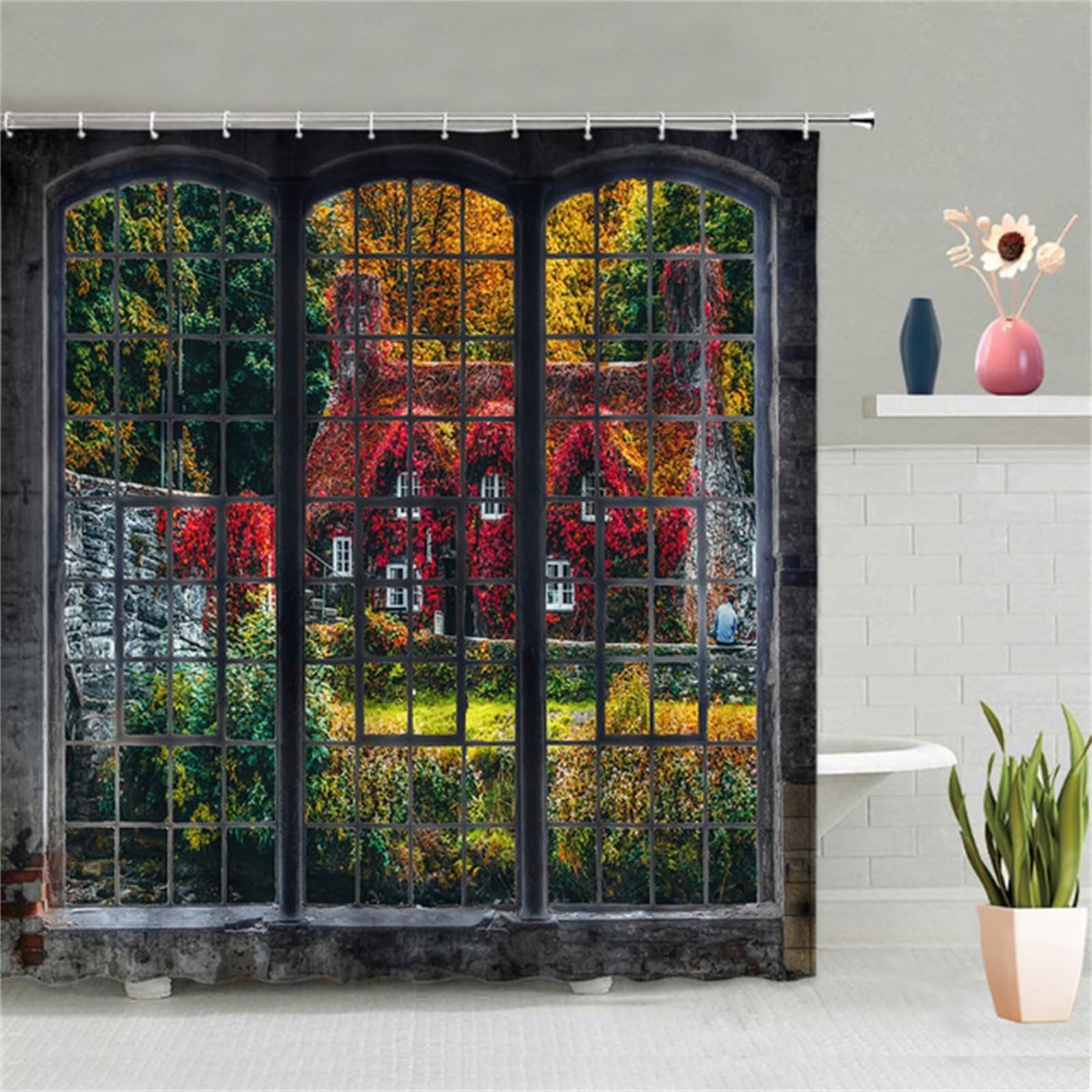 Tenda Doccia Antimuffa Tenda per Doccia 200x200cm Tende Doccia Tessuto Impermeabile Tenda Vasca Bagno con 12 Ganci Polyester Lavabile, Tenda Bagno con Anelli per Famiglia (Finestra Del Giardino) Z330