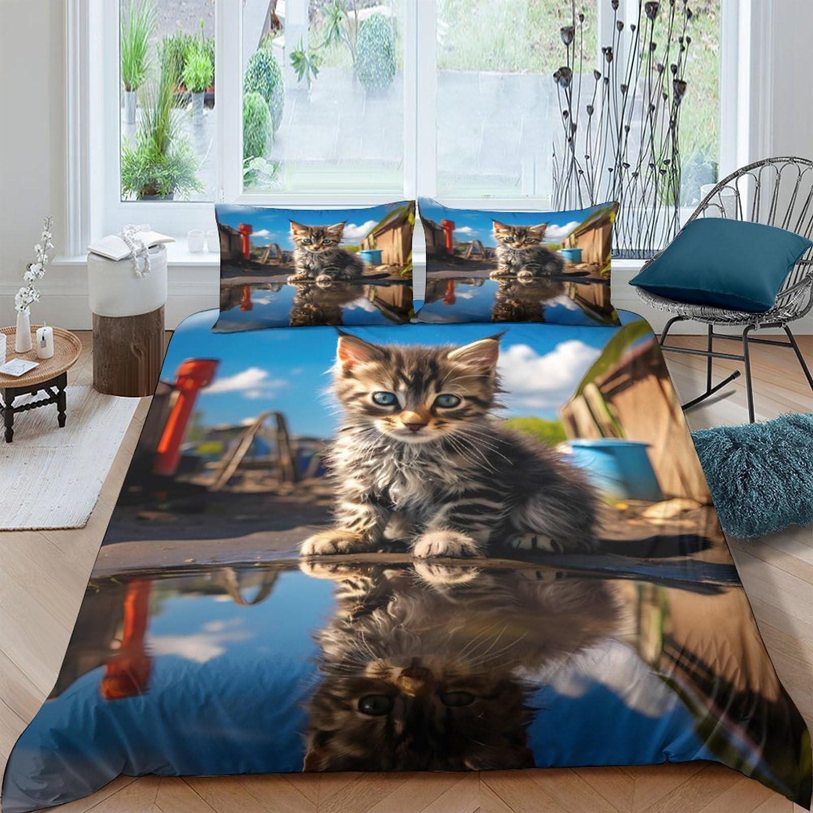 Ctjqhvkz Style-1 3D Printed Cat Reflection Fitted Sheet Microfiber Soft Breathable Urban Landscape Mattress Cover For Bedroom Guest Room Decor Single（135X200cm）