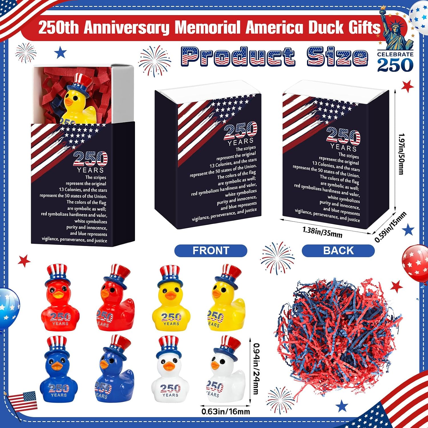 Cinnvoice 24 Set Bulk 4th of July Party Favors Gifts Patriotic Duck 250th Anniversary Independence Day Duck Mini Resin Ornaments Memorial Day Party Decor
