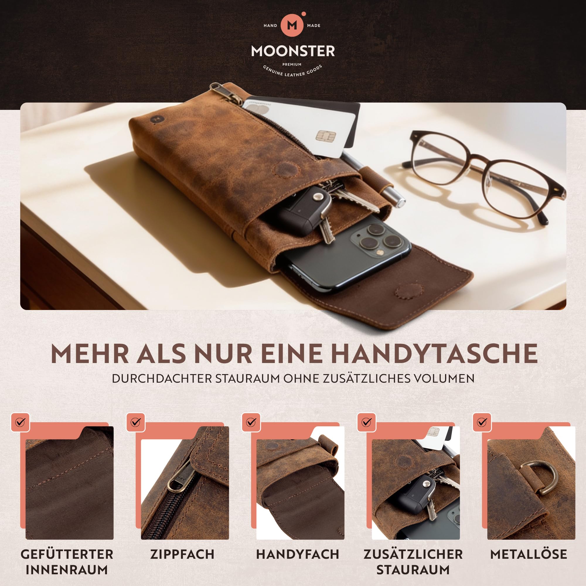 Moonster Handy Gürteltasche Herren Leder – aus Echtem Büffelleder – 19cm x 8cm Handy Leder Herren für Große Smartphones – Sichere & Langlebige Tabaktasch