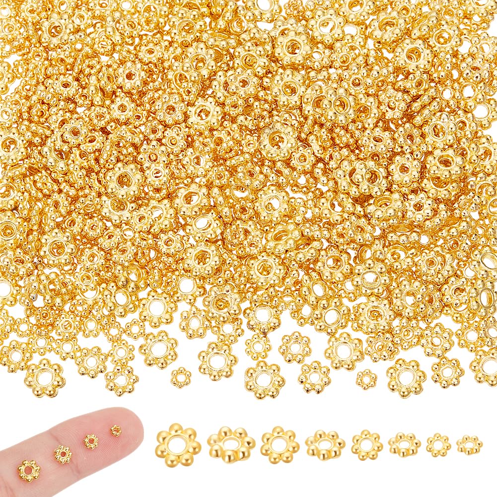UNICRAFTALE About 600Pcs 4 Styles Golden Flower Beads Spacer 3-6mm Loose Beads Metal Connector Bead Small Metal Bead 0.8-1.6mm Hole for DIY Bracelet Necklace Jewelry Making