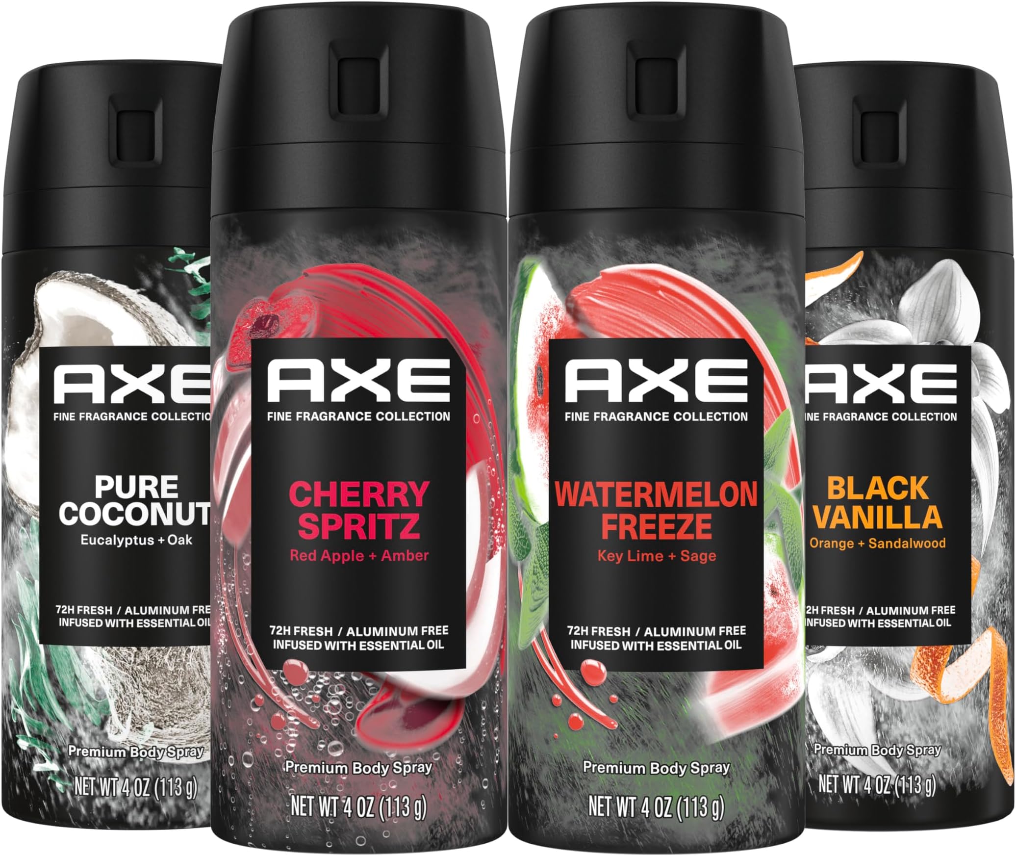 Fine Fragrance Body Spray Variety Pack 4 Pack Touch of Sweetness - Cherry Spritz, Pure Coconut, Black Vanilla, Watermelon Freeze Aluminum Free 4 oz