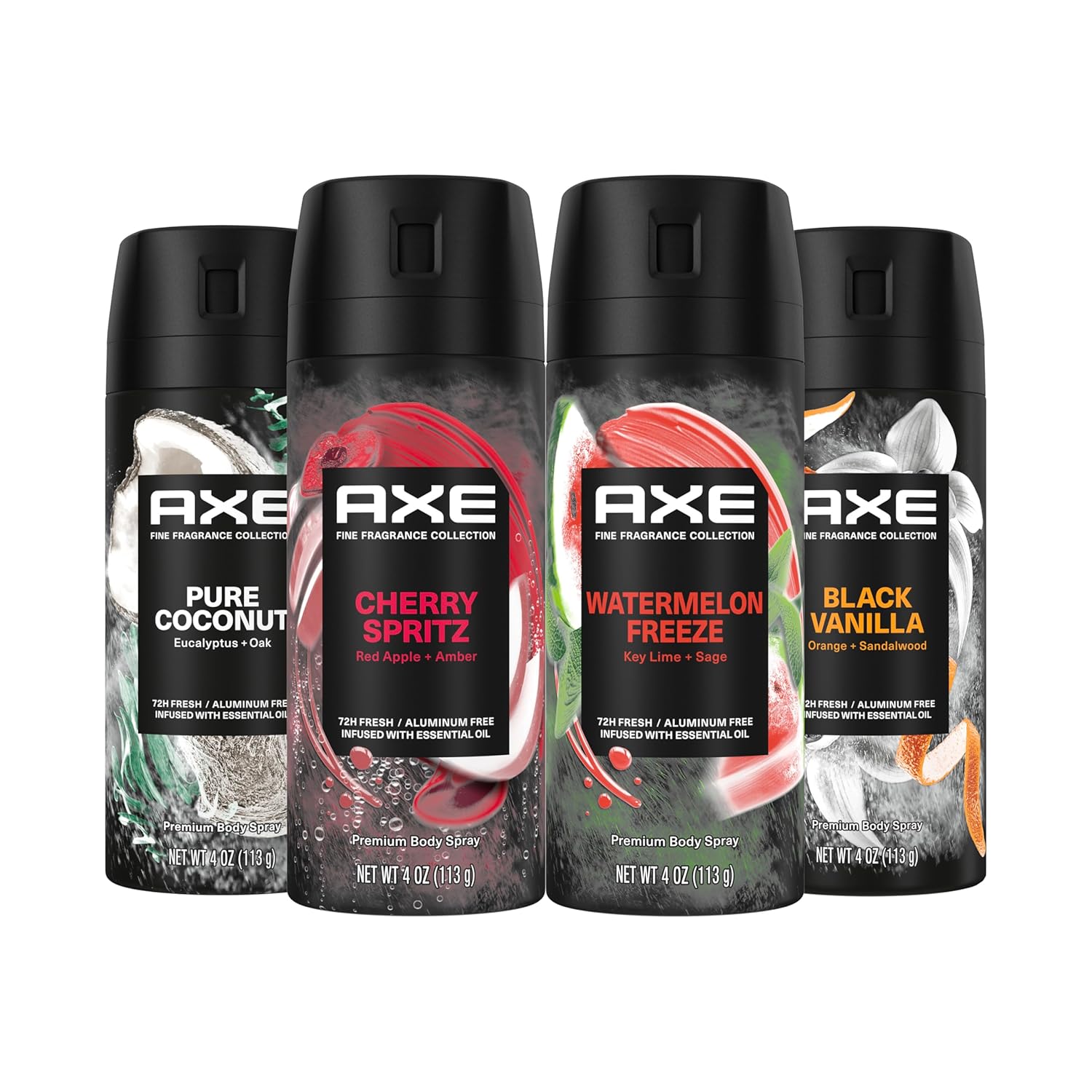 AXE Fine Fragrance Body Spray Variety Pack 4 Pack Touch of Sweetness – Cherry Spritz, Pure Coconut, Black Vanilla, Watermelon Freeze Aluminum Free 4 oz AXE Fine Fragrance Body Spray Variety Pack 4 Pack Touch of Sweetness – Cherry Spritz, Pure Coconut, Black Vanilla, Watermelon Freeze Aluminum Free 4 oz