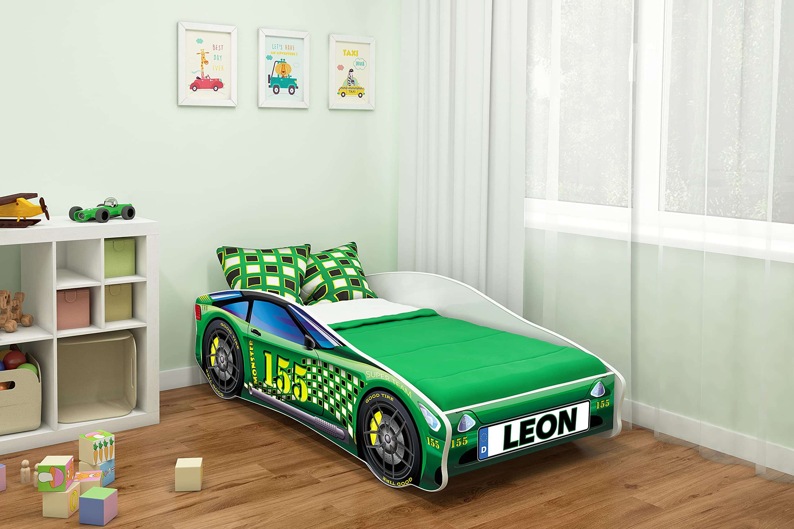 ACMA Autobett 160x80 cm mit Matratze und Lattenrost - Kinderbett Auto personalisiert mit Name, Modell 5, stabiles Jugendbett für Kinderzimmer, belastbar bis 120 kg