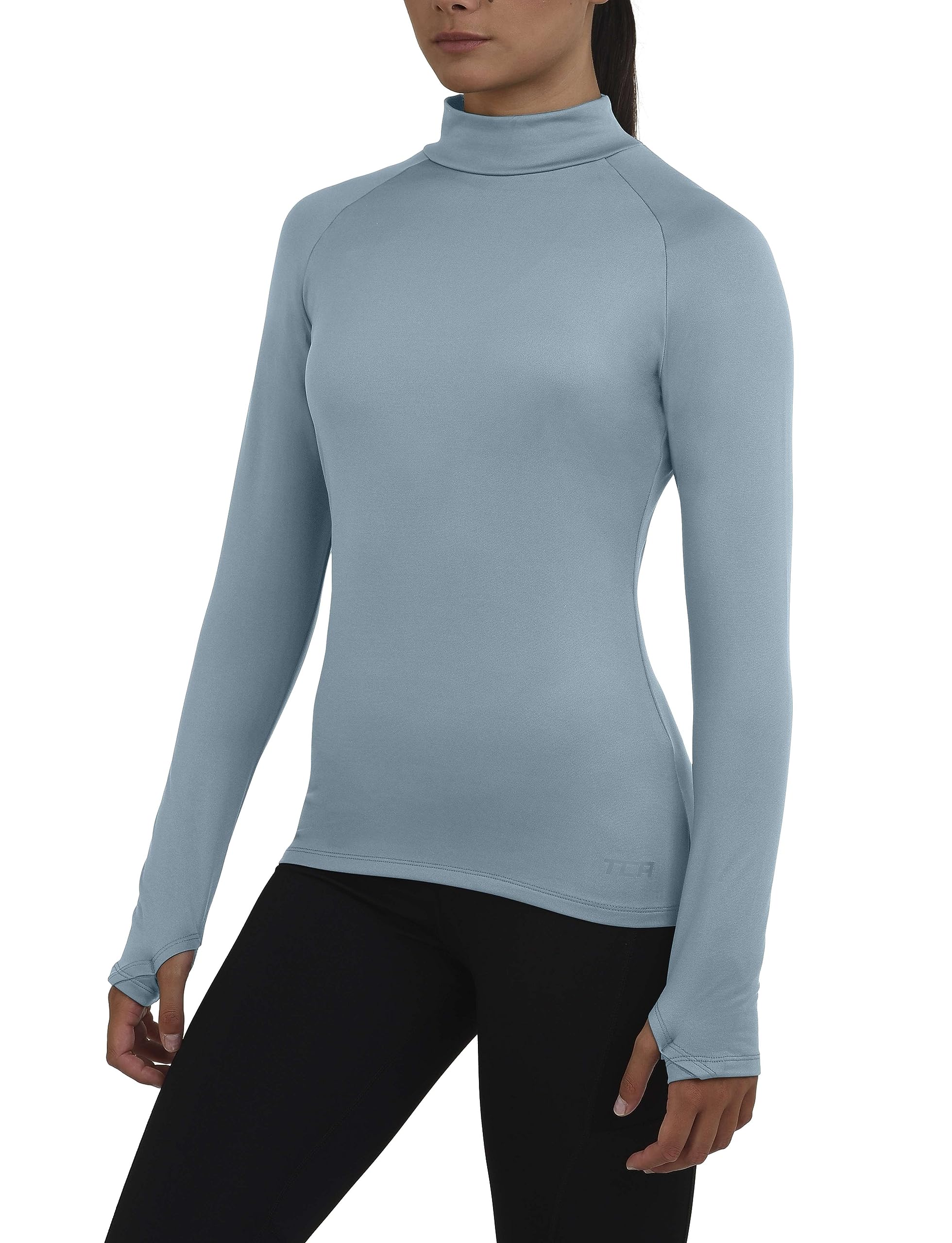 TCA Women's SuperThermal Long Sleeve Performance Base Layer Running Training Workout Top - Mock Neck - with Thumbholes - Tourmaline, XL