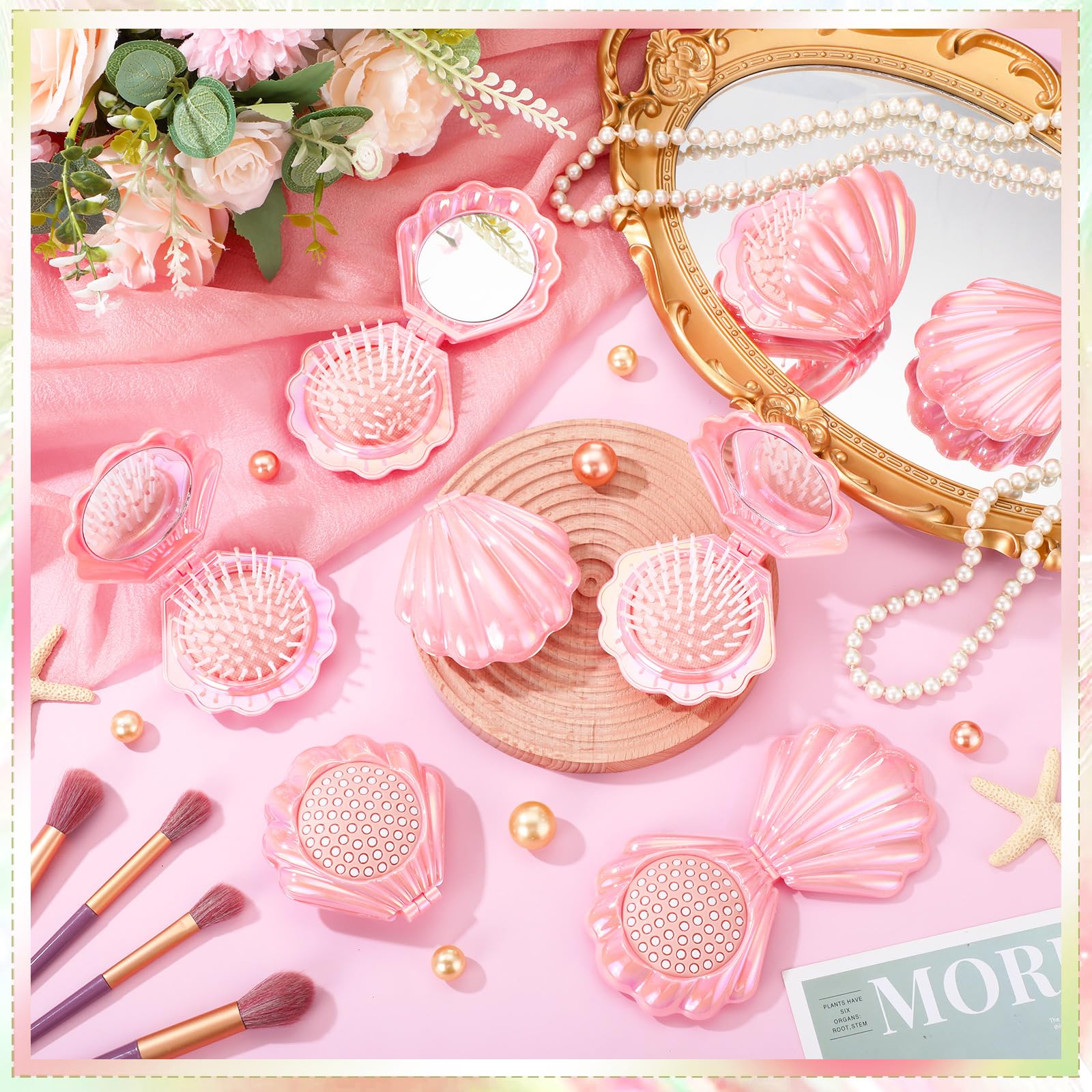 Meanplan 12 mini cepillos plegables de viaje con forma de concha de espejo, espejo de maquillaje, cepillo compacto para masaje de cabello para mujeres y niñas, peinados de despedida de soltera, regalo