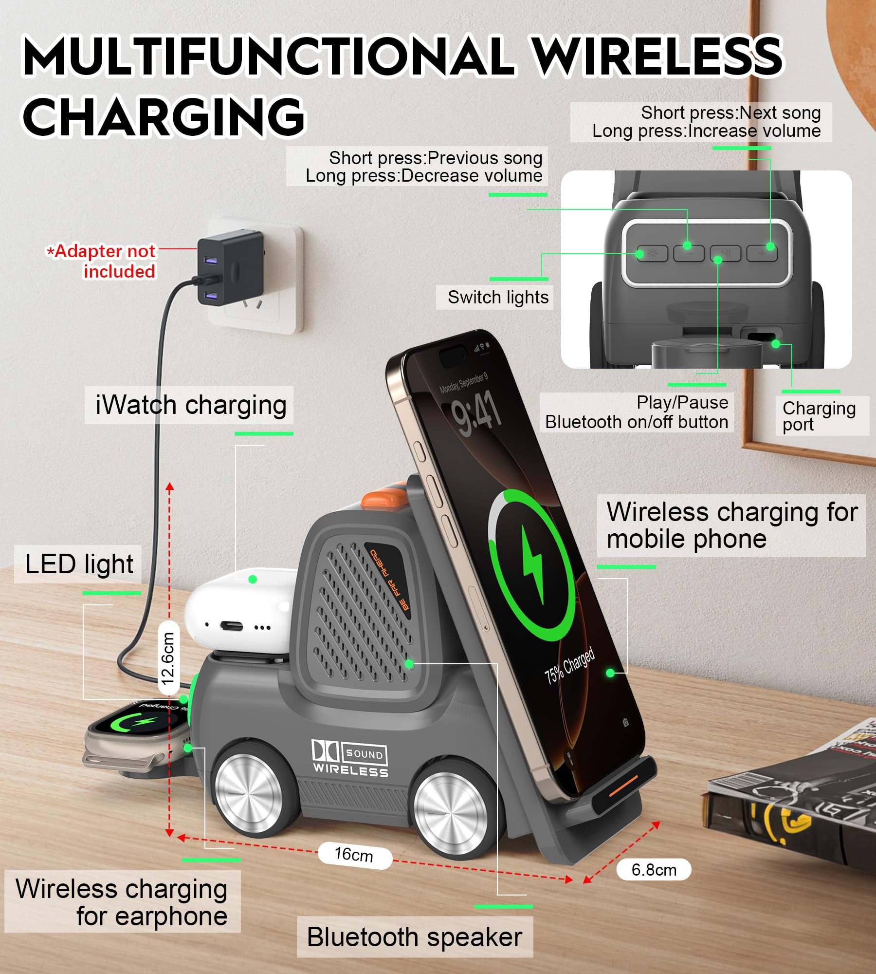Station de charge sans fil pour chariot élévateur avec haut-parleur Bluetooth, chargeur rapide sans fil 4 en 1 pour plusieurs appareils, compatible avec iPhone 16 15 14 13 Pro Max Series, Apple iWatch
