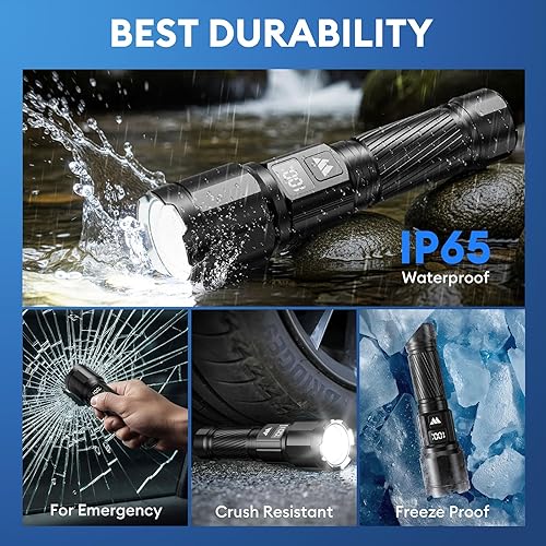 Miniatura 6 de Paquete de 3 linternas recargables de alto lúmenes, linterna táctica LED súper brillante con pantalla de alimentación LCD, linternas con zoom de 15