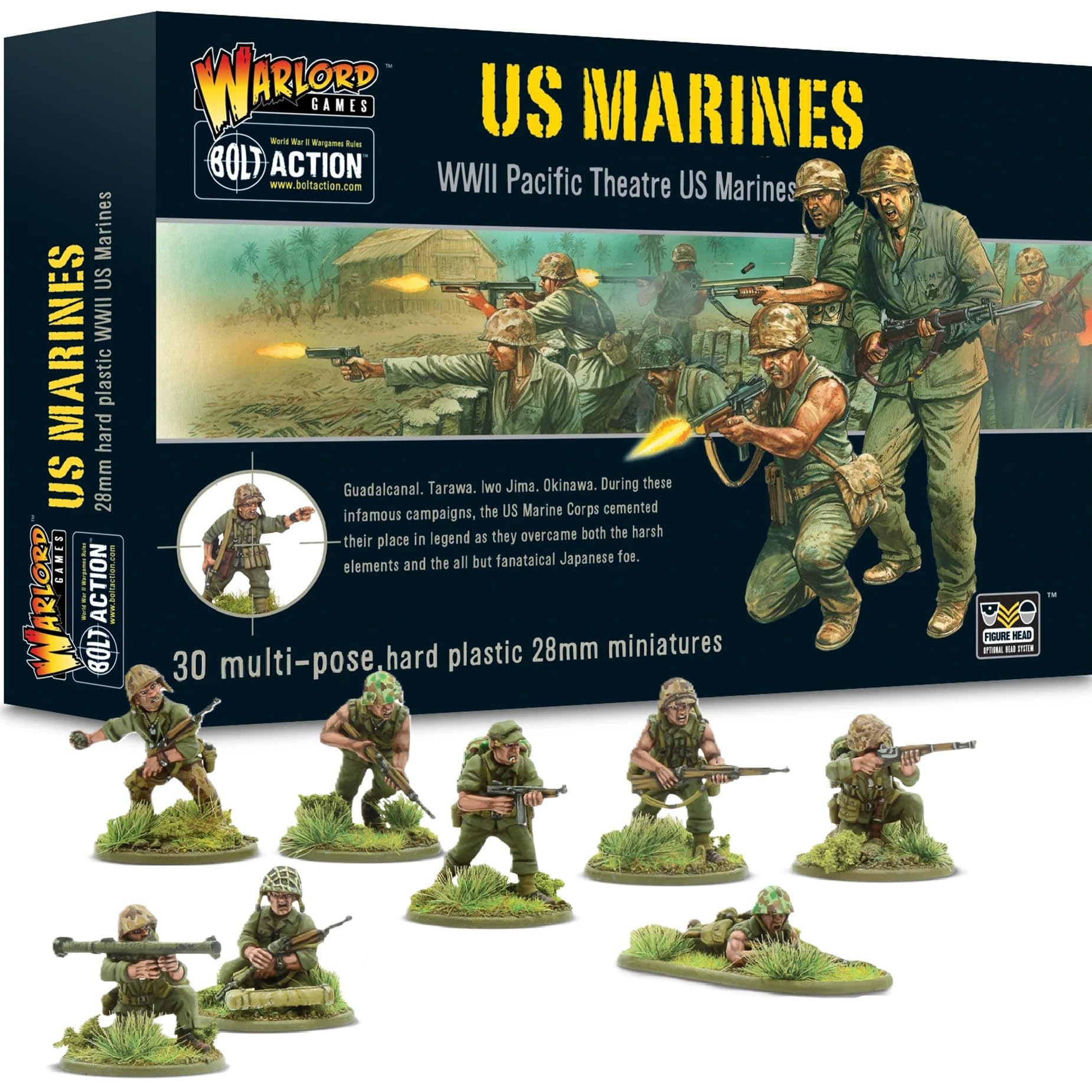 Warlord US Marines Pacific Theater 1:56 Tabletop Miniatures - Plastic Paintable Miniature WWII Soldiers Set, Unpainted Table Top 28mm Military Minifigures for Adults - Gaming Figurines