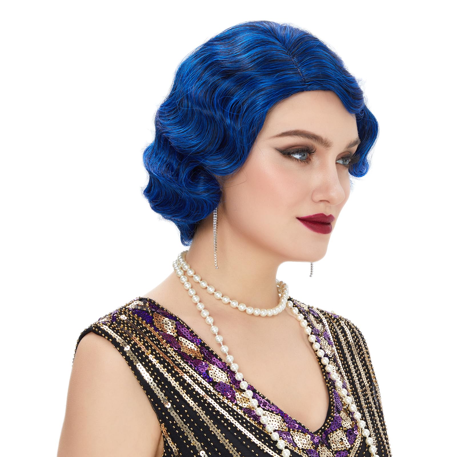 Finger Wave 1920s Wig Short Curly Fancy Dress for Women Cosplay Party 70s Costume (Dark Blue) - Image 4