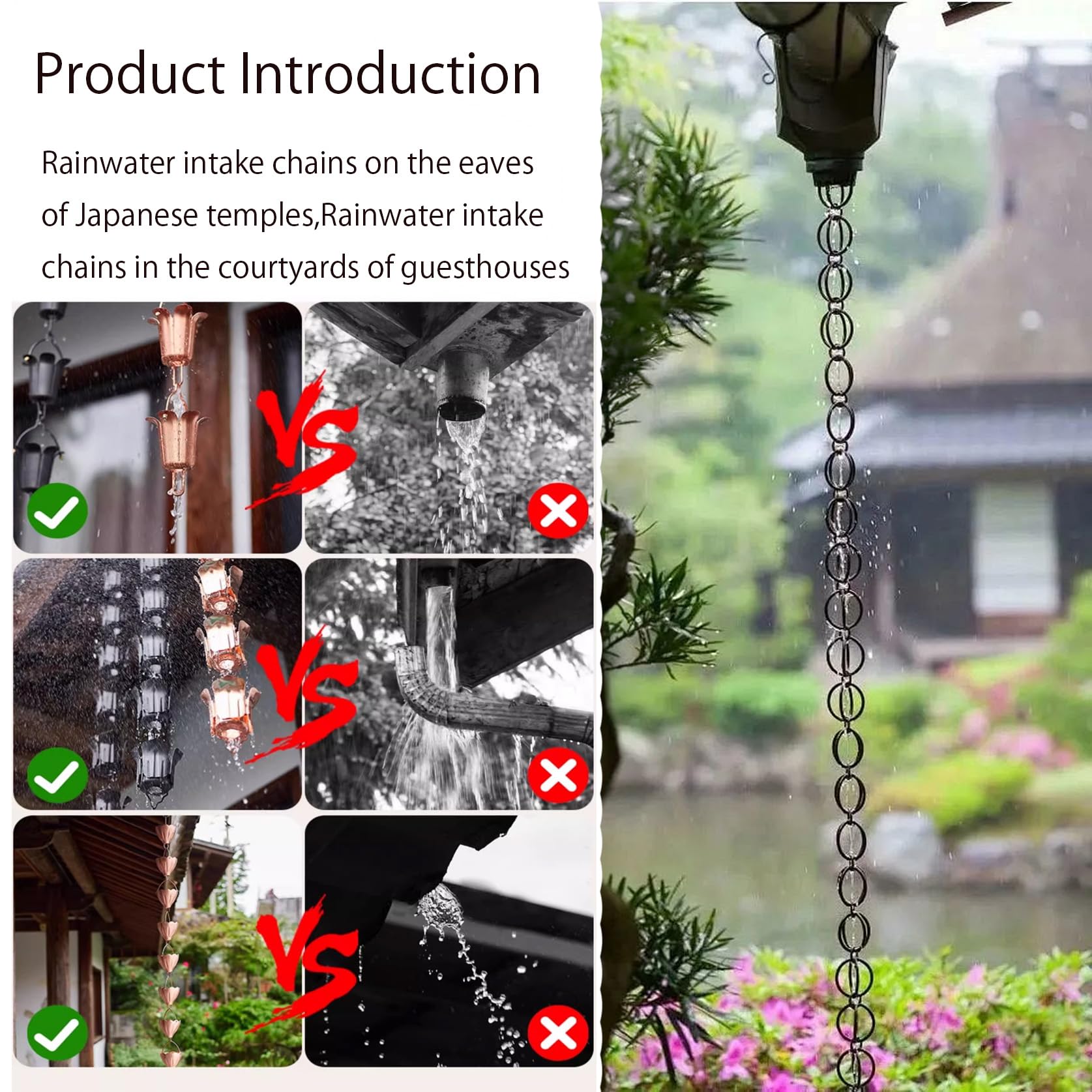 Chaine de Pluie Ornement de Jardin,Chaînes de Gouttière Cascade Noir,Fonction De Drainage,Parfaite pour remplacer Les descentes de Pluie,for Jardin/Cour/terrasse