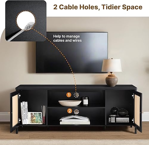 Miniatura 4 de Rattan TV Stand for TVs up to 75'' Boho Entertainment Center with Adjustable Shelf Television Stand with 2 Storage Cabinets Media Console Wooden TV