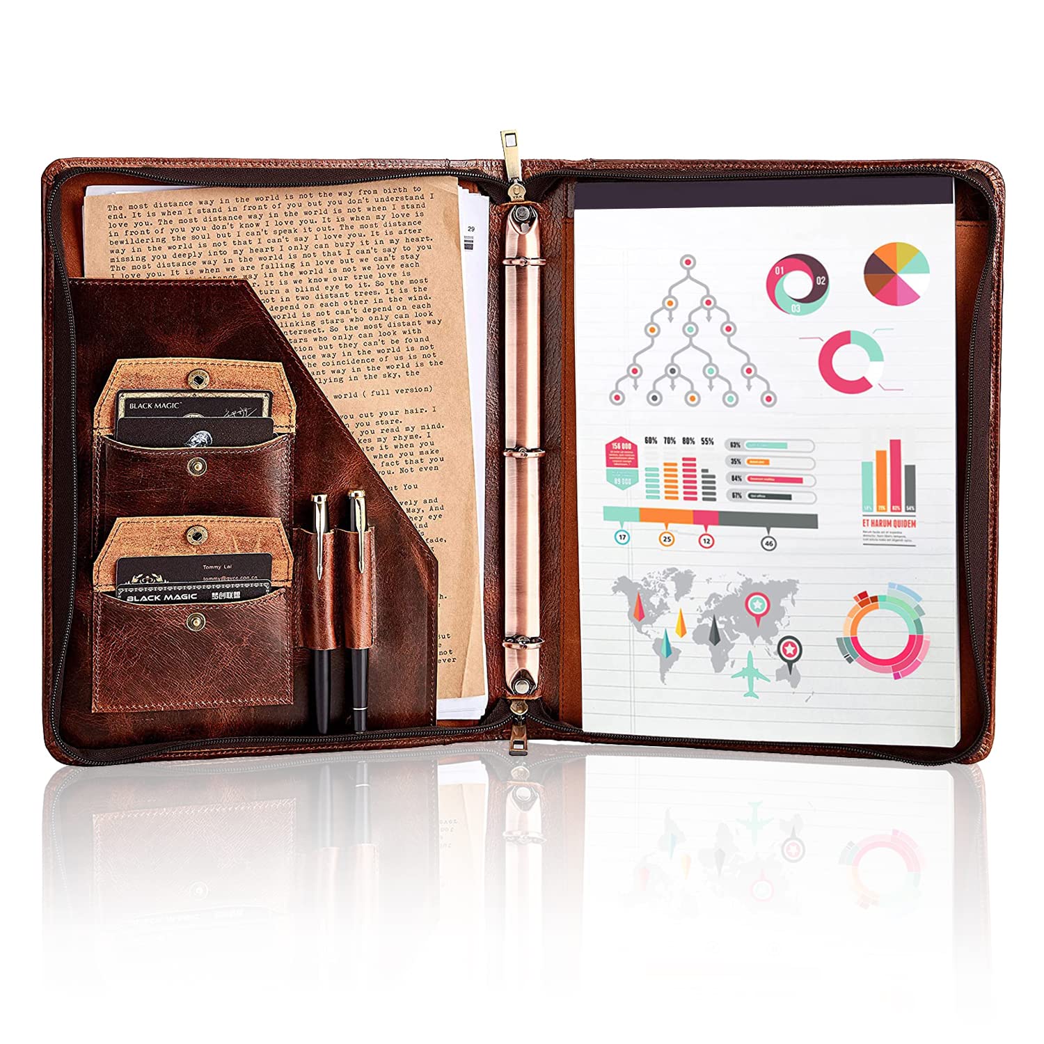 Personalized Geninue Leather Portfolio 3 Ring Binder,Zippered Leather Padfolio Folder Notepad Holder