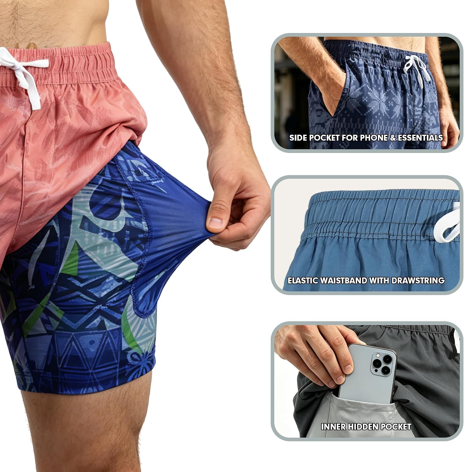 Men's 2 in 1 Athletic Shorts Quick Dry Workout Shorts with Pocket for Running, Basketball Gym and Casual Wear