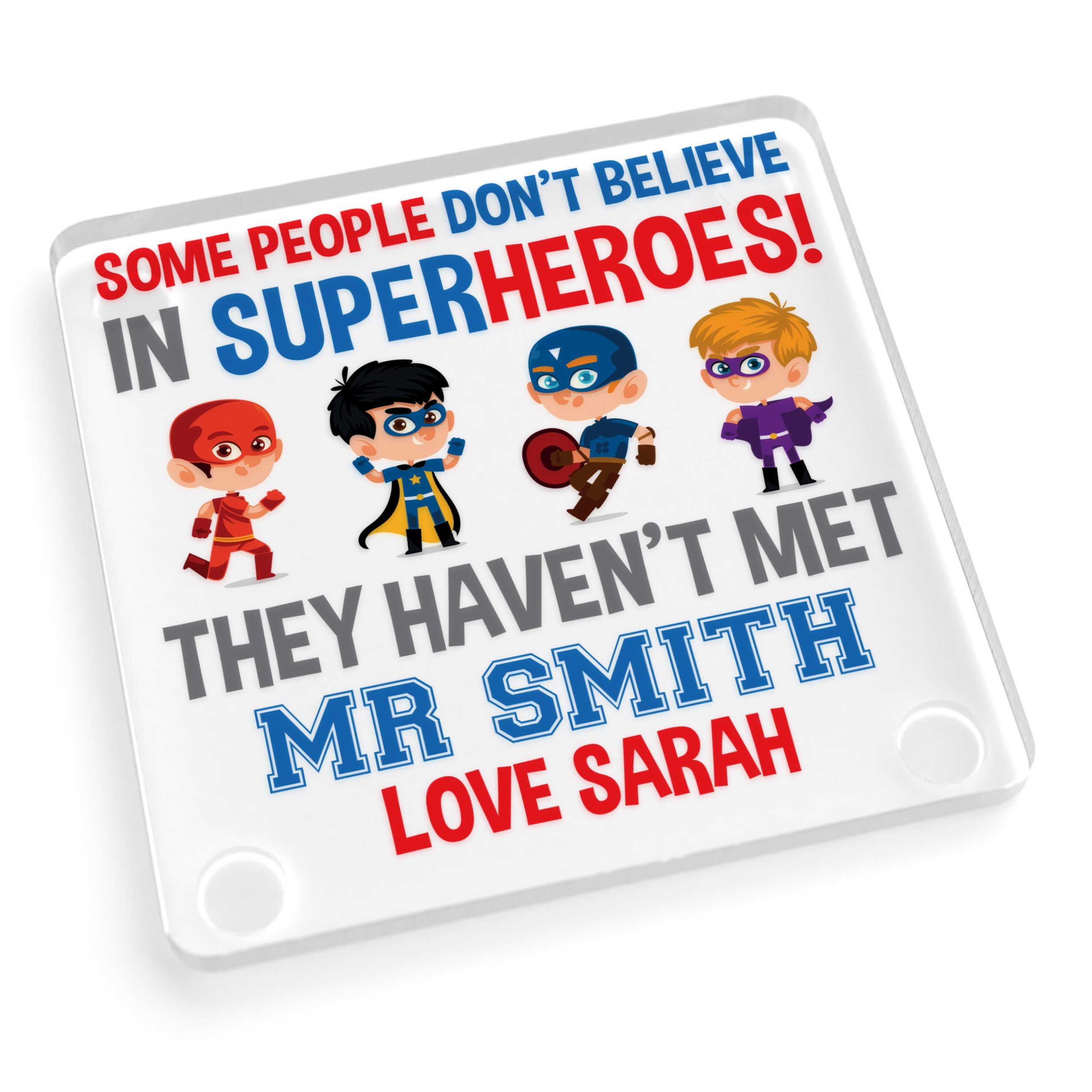 Beecreative Personalised Male Teacher Gifts - Custom Clear Acrylic Square Coaster - Superhero Male Teacher Present - With Grey Bag