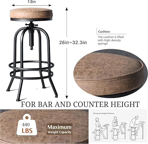 Miniatura 34 de Diwhy Taburete de bar industrial, de 26-32 pulgadas, ajustable, giratorio, de madera, de metal, con respaldo, para cocina, comedor, pub, bistró,