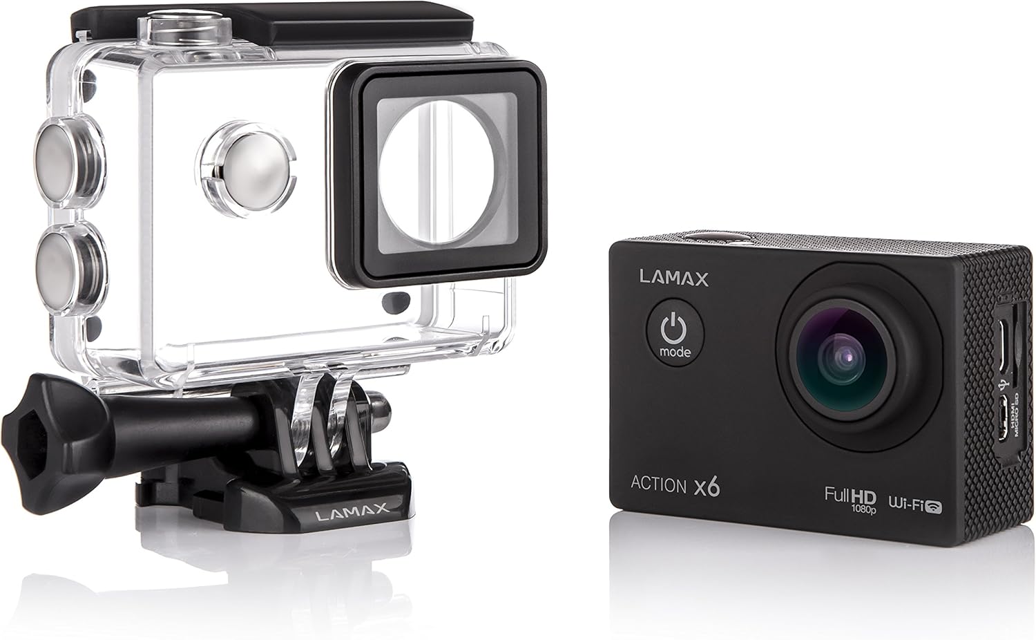 LAMAX Action X6 camera in its waterproof housing, viewed from a slight angle, highlighting the side buttons.