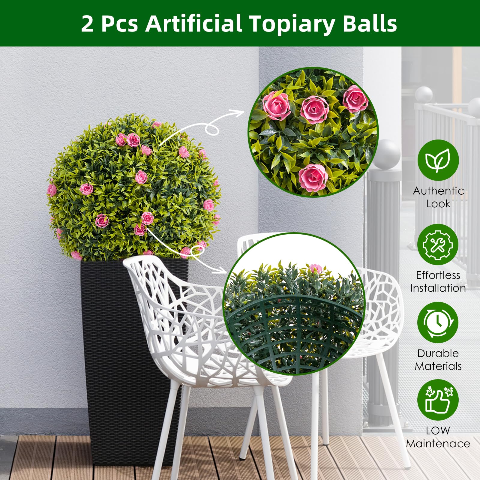 Buchsbaumkugel 2er-Set, Groß Ø52 cm Künstlich Buchsbaum Kugel mit rosa Blumen, UV-beständig Formschnitt Kunstpflanze Dekopflanze, Hängend Buchskugel Künstliche Pflanzen für Garten Hochzeit Deko