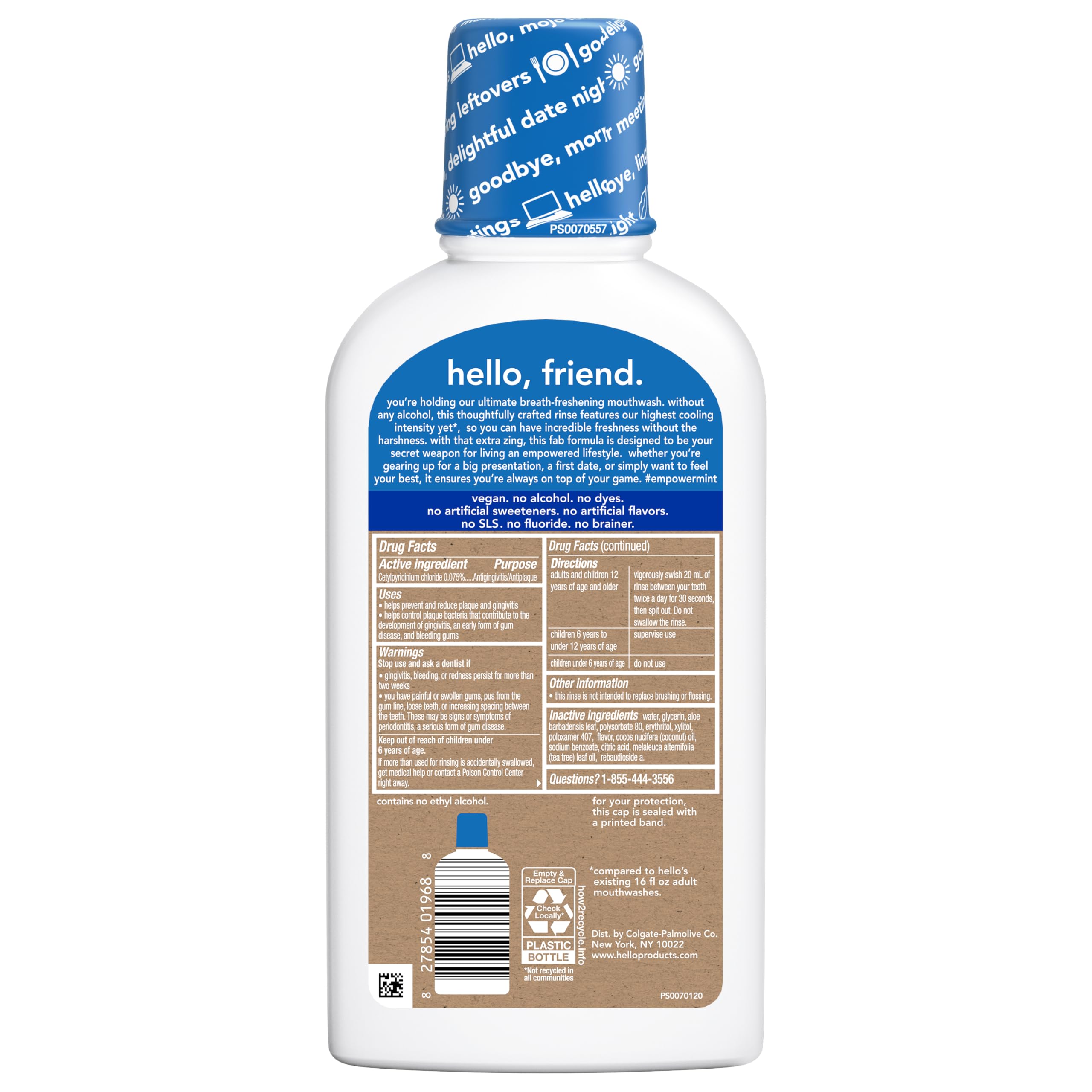 Hello Peace Out Plaque, Antigingivitis Alcohol Free Mouthwash, Natural Mint with Aloe Vera and Coconut Oil, Fluoride Free, Vegan, SLS Free and Gluten Free, 16 Ounce (Pack of 3): Peppermint Pow 16 Fl Oz (Pack of 3)