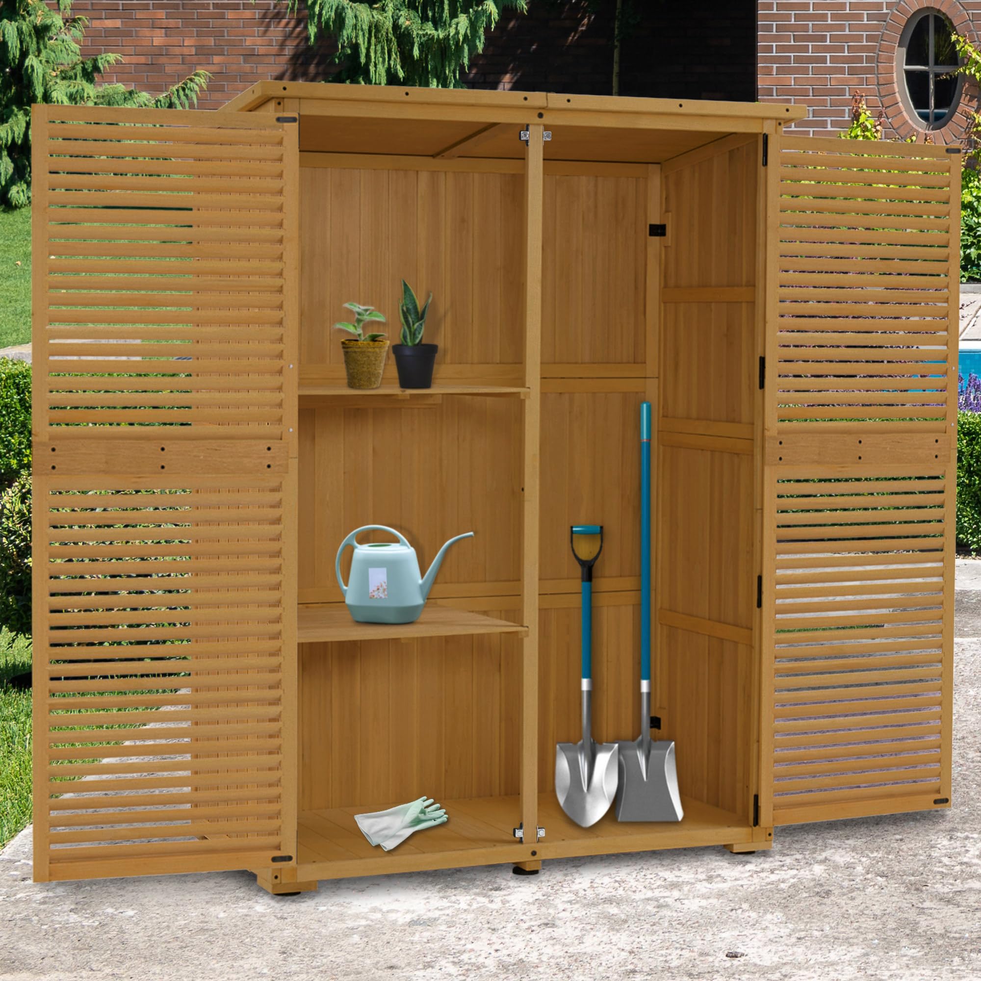 M MCombo Gartenschrank Holz, Gartenhaus Klein Wetterfest, Outdoor Gerätehaus, 59x127x168 cm