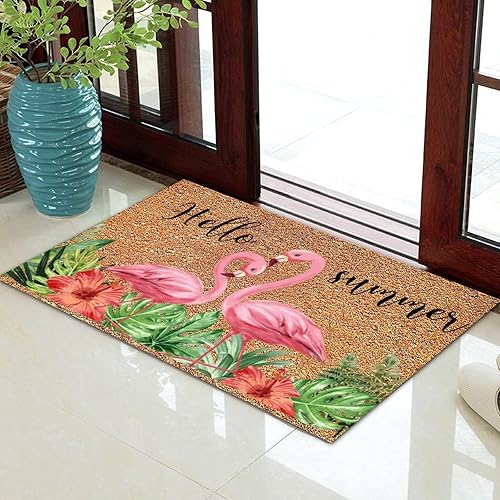 Miniatura 3 de Felpudo de coco Hello Summer Happy Life, tapete de flamenco para interiores y exteriores, tapete de piso para entrada, se seca rápidamente, respaldo