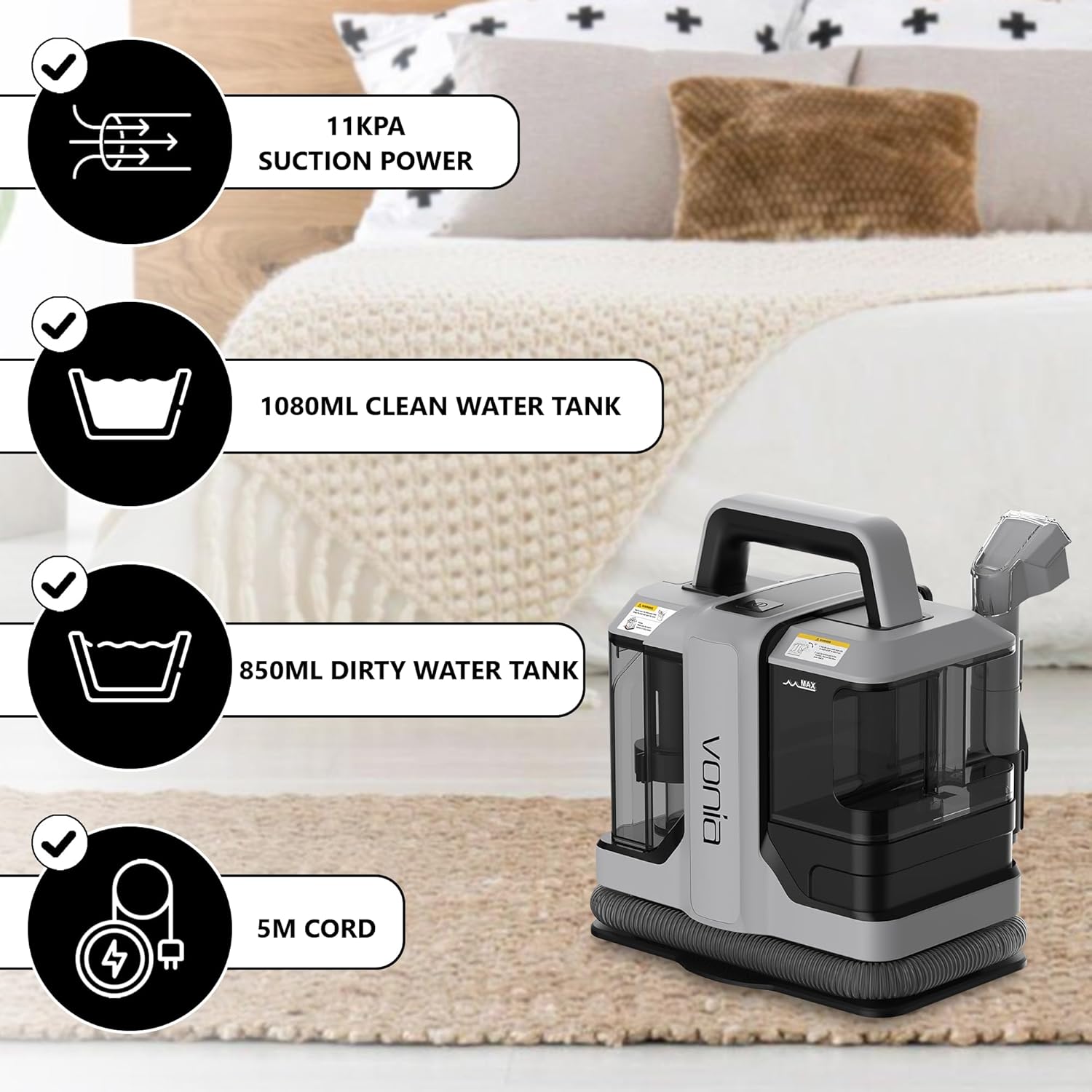 Vonia Spot Cleaner highlighting its features: 11KPa suction, 1080ml clean water tank, 850ml dirty water tank, and 5m power cord.