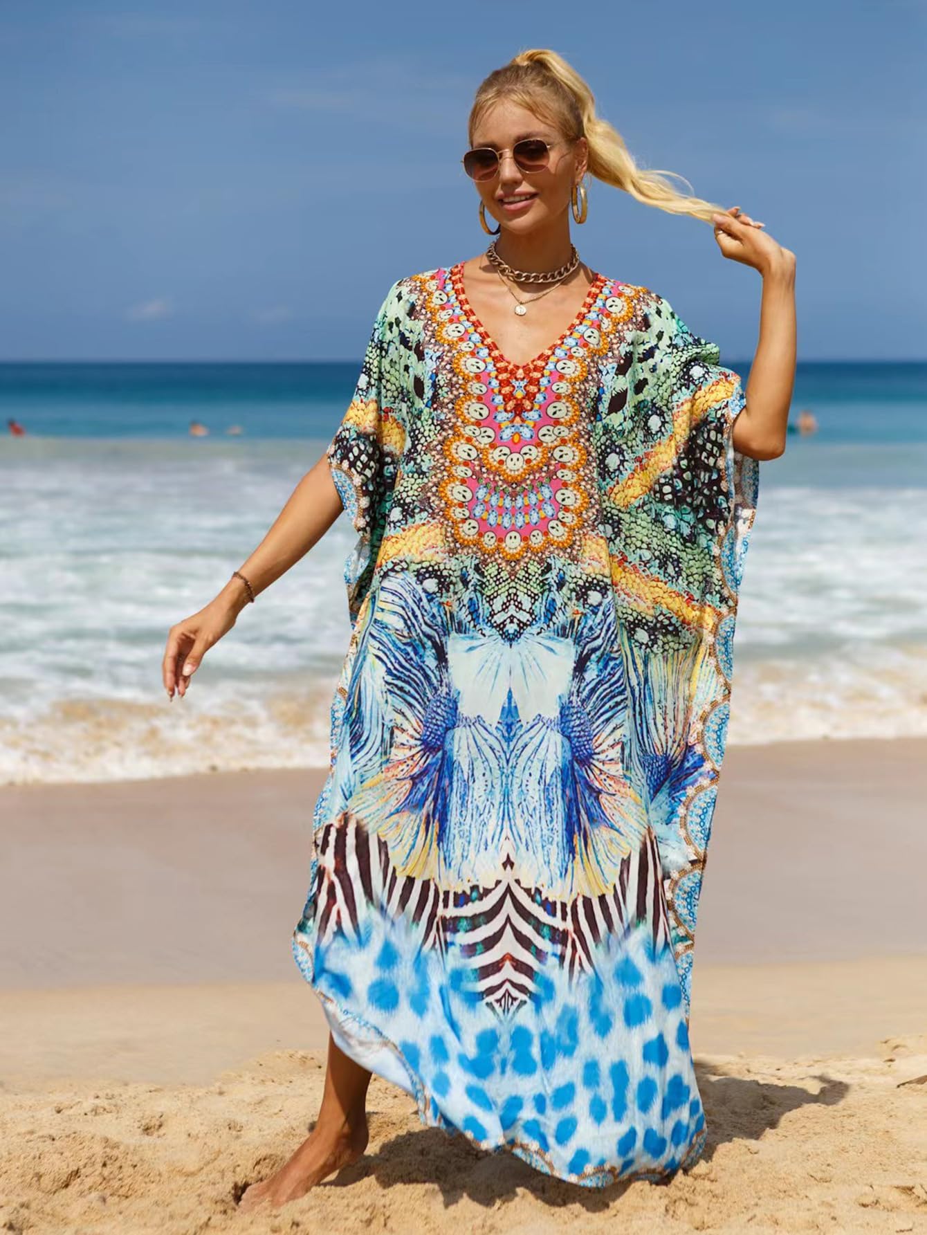 Women Kaftan Dresses Plus Size V-Neck Batwing Sleeves Beach Cover Up Floral Print Mumu Dress