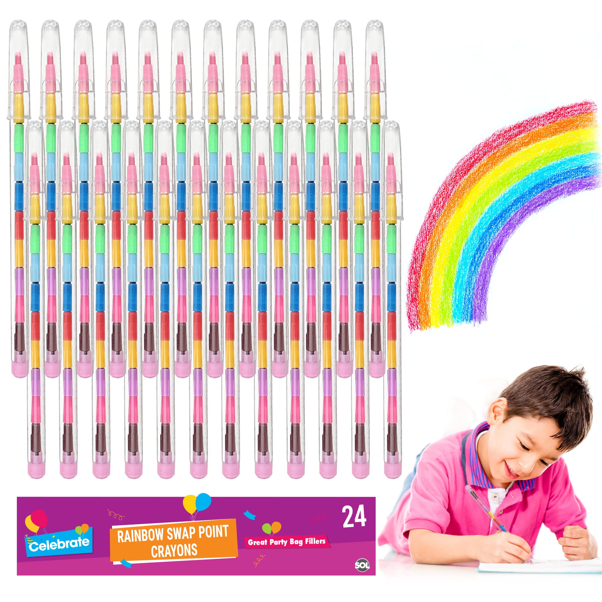 SOL 24pk Rainbow Swap Point Crayons, Twistable Crayons for Party Bags, 10 Assorted Stacking Colour, No Sharpening Required, Durable & Child-Friendly Mess-Free Colouring, Ideal Party Favour & Fillers
