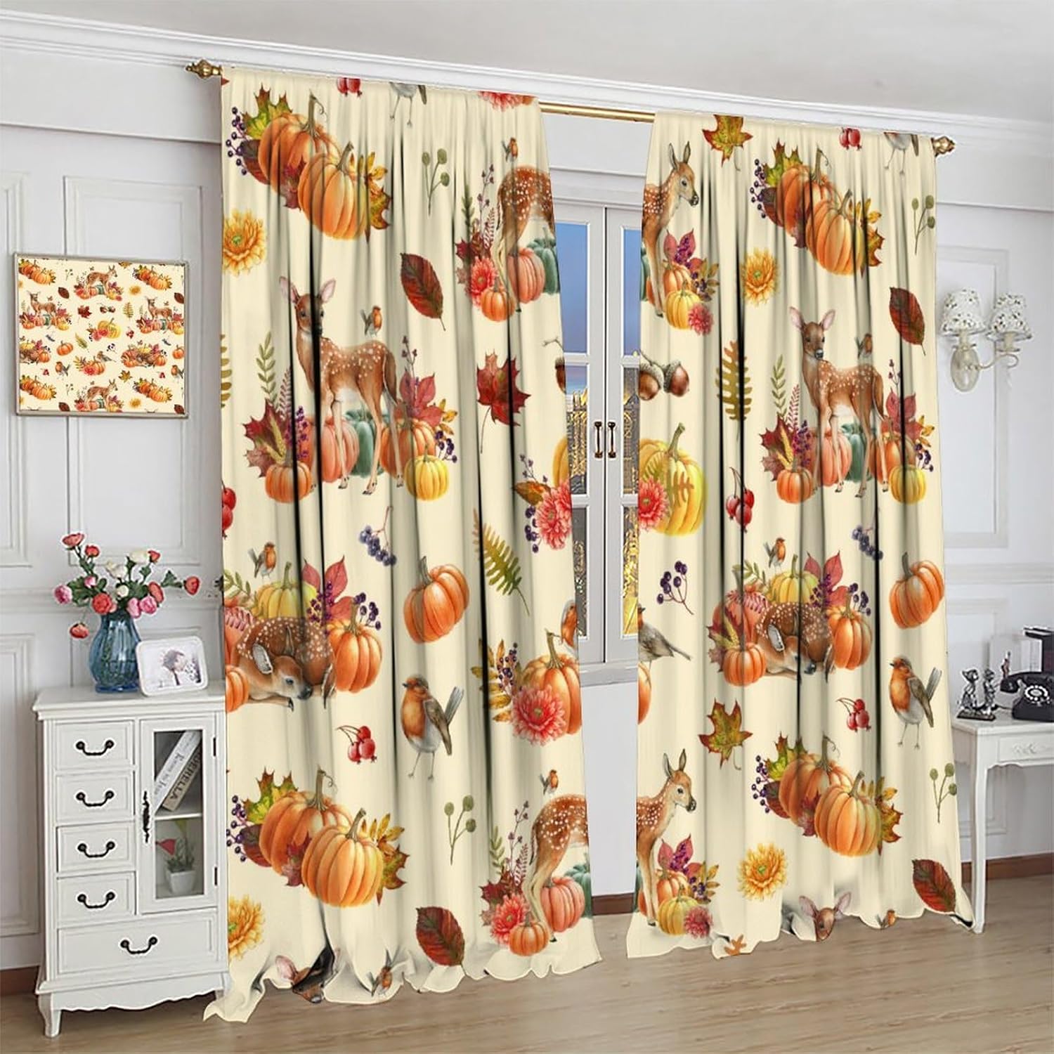 Pumpkin Autumn Curtains, Deer Watercolor Leaves Birds Pinecone Cone Village Window Treatments for Boys Girls Bedroom Kitchen Living Room Maple Leaves Drapes 2 Panels 42x45 Inch