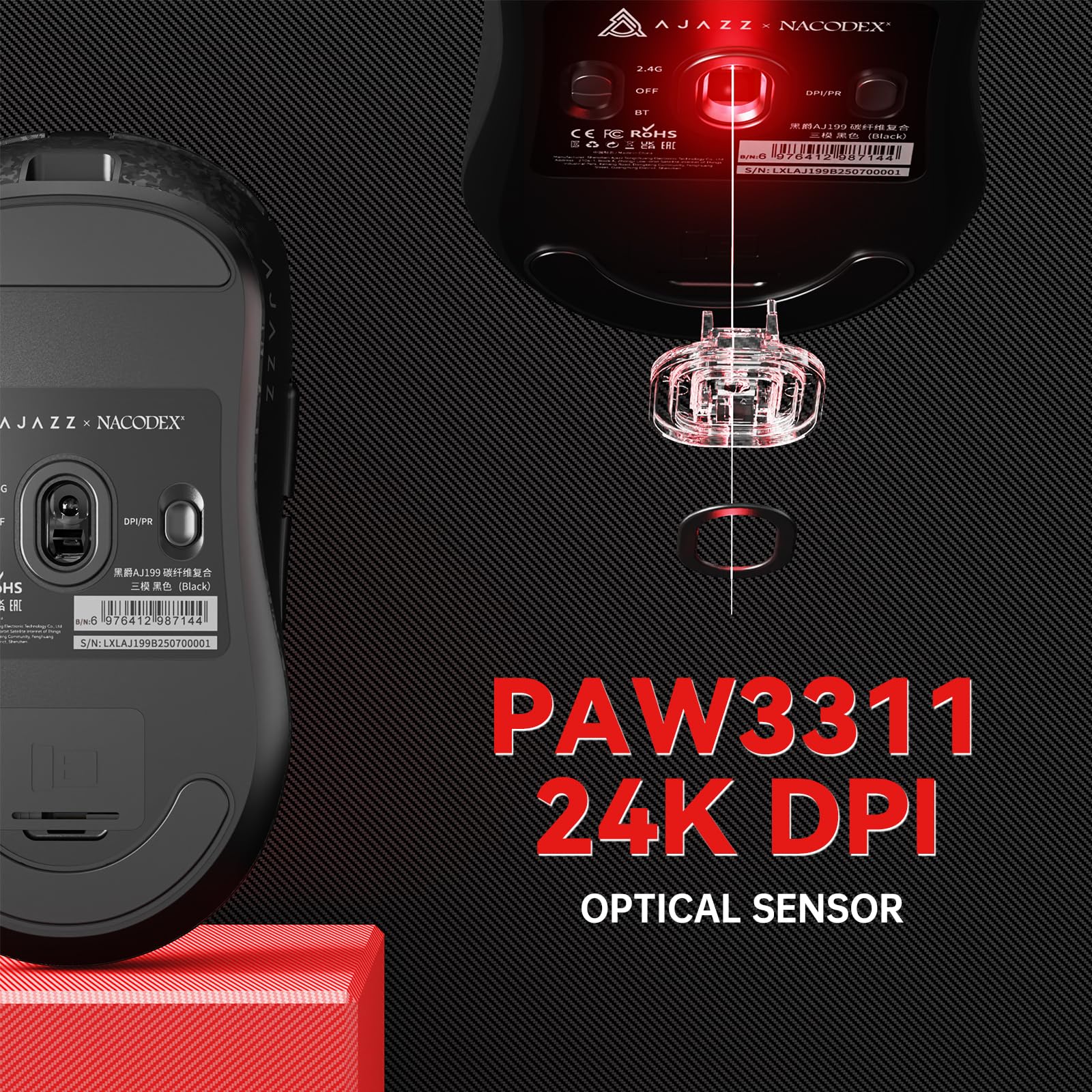 A.JAZZ AJ199 Ratón Gaming de Fibra de Carbono, Wireless 2.4G/BT/USB-C Trimodo, Ultraligero 55g, Sensor óptico PixArt PAW3311 con 24000 dpi y Sondeo de 1000, Mice Gamer Oficina, PC/Mac - Negro