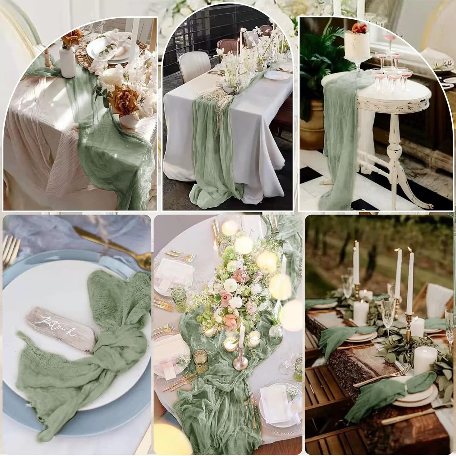 YAOYAIN Runner da Tavola Verde Salvia, 6 Pezzi 90 x 300 cm Boho Runner Verde Lavabile Table Runner, Per Decorazioni Matrimonio, Festa, Decorazioni Tavolo Compleanno, Baby Shower
