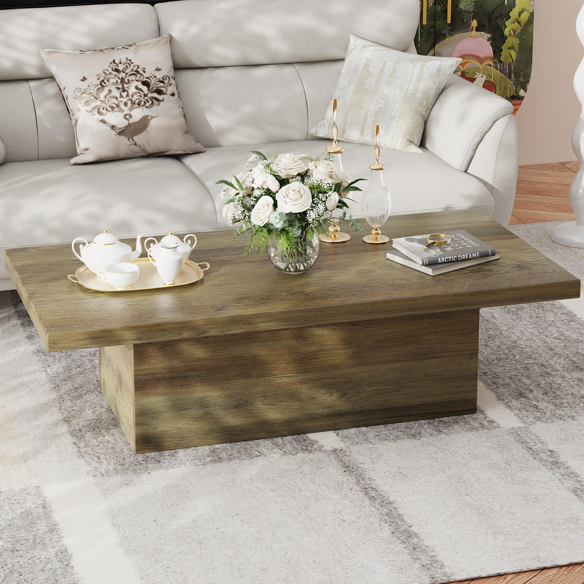 Farmhouse Coffee Table, 47.25" Modern Center Tables Wood Cocktail Table, Scratch-Resistant Accent Table with Sturdy Frame for Living Room, Home Office