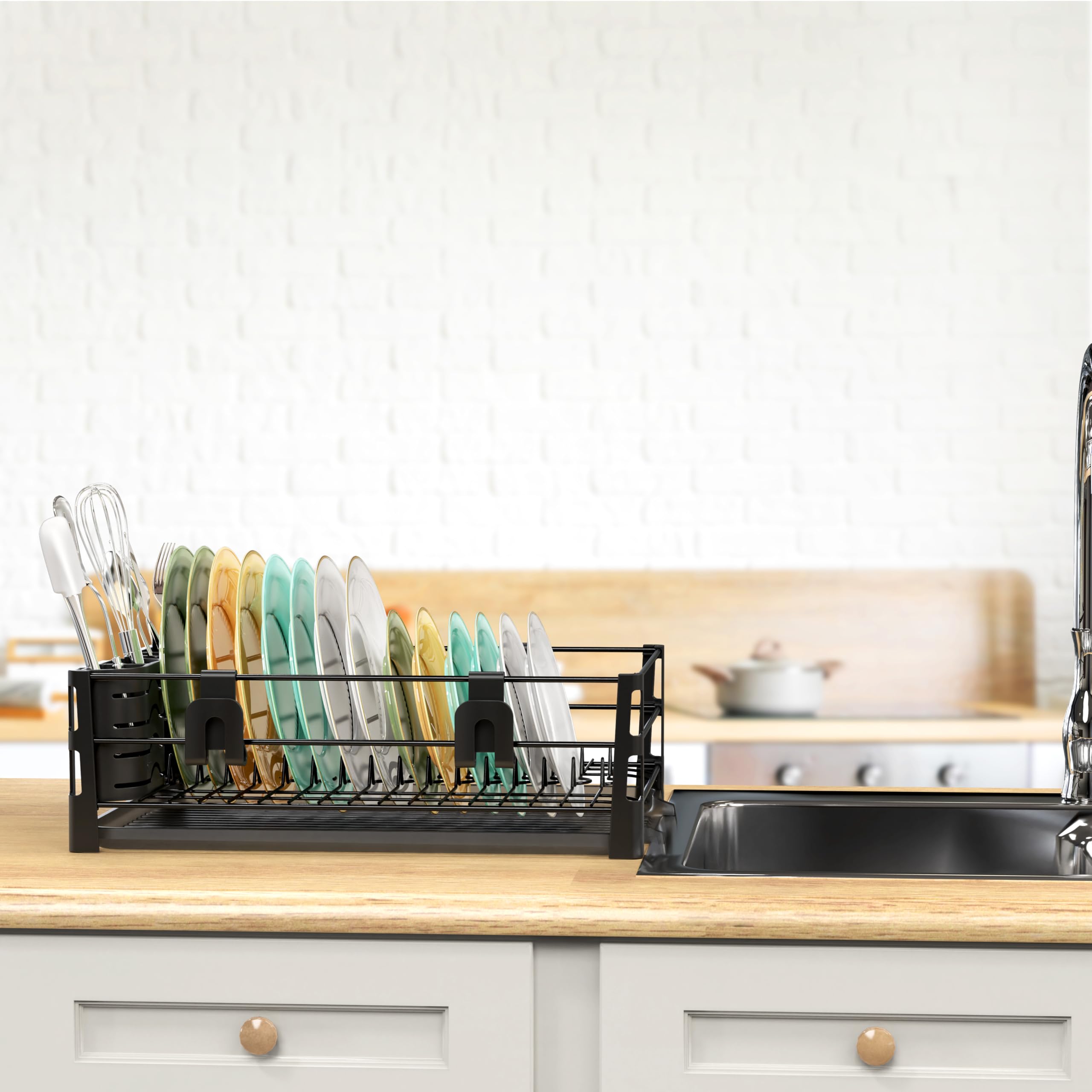 SIMPLE HOUSEWARE Suszarka do naczyń z ociekaczem, uchwytem na przybory i haczykami na kubki, metalowy organizer na blat kuchenny, czarny