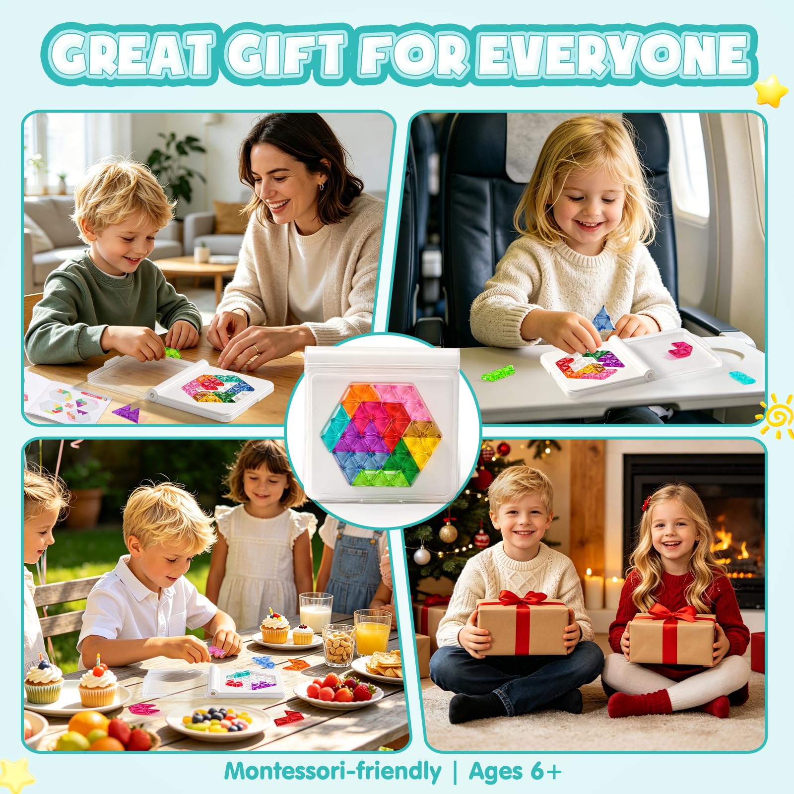 Gioco di posa geometrica, puzzle IQ, sfide progressive e 2 forme (stella/esagonale), pietre lucide colorate come gelatina, portatile, con coperchio e libretto delle soluzioni, per adulti e