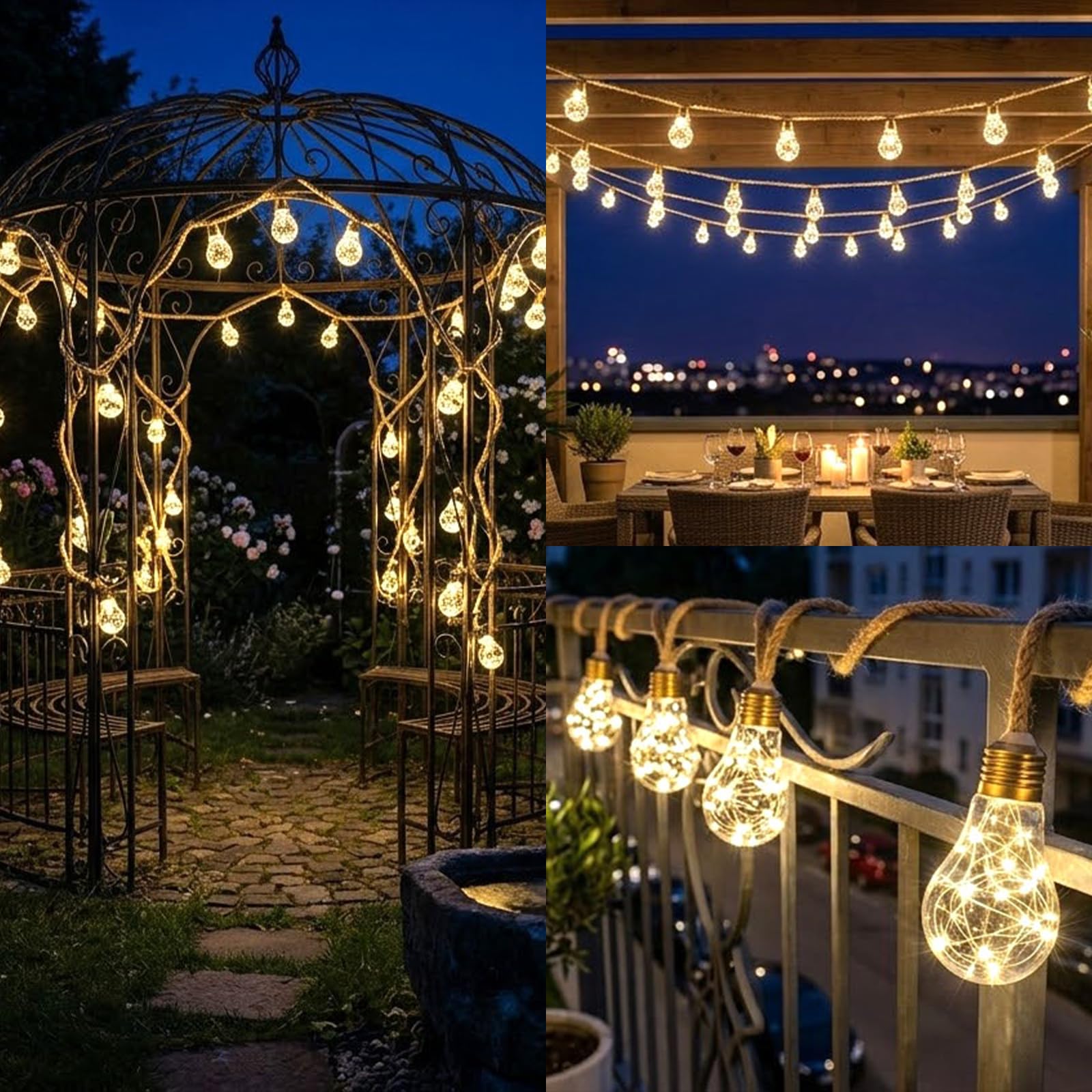 Guirnaldas Luces Exterior Solar con Cuerda Gruesa, 8M 16 Bombillas de Plástico Irrompible, 8 Modos, IP65 Impermeable, Luces Decorativas para Jardín, Terraza, Balcón, Fiesta(Blanco Cálido)