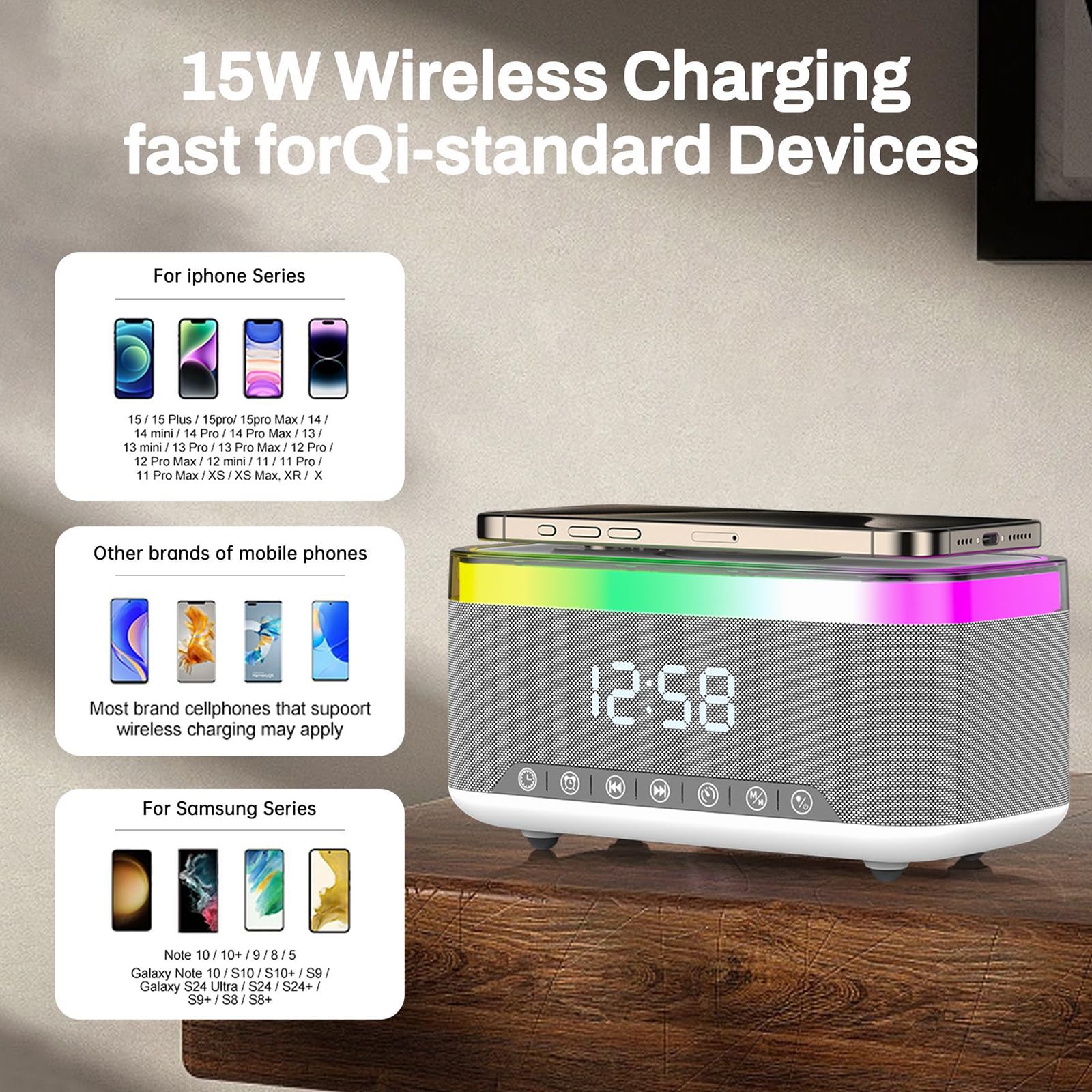 Sveglia digitale con stazione di ricarica e altoparlante Bluetooth, luce notturna da 15 W, caricabatterie wireless per iPhone Samsung