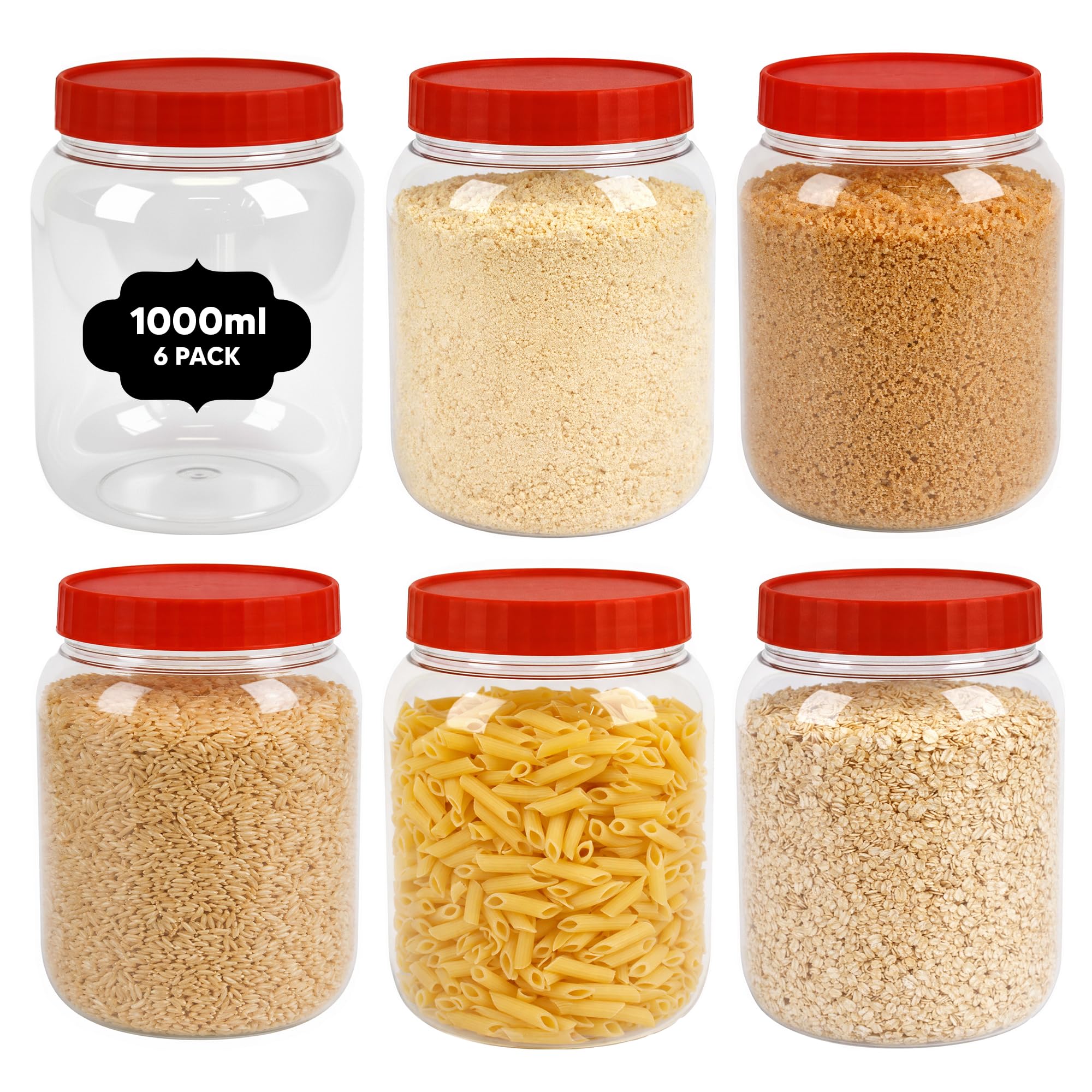 Axxtan Clear 6 X 1000Ml Plastic Storage Jars With Red Lids, Round Plastic Jars Wide Mouth Plastic Container For Food, Grain, Spice & Candy