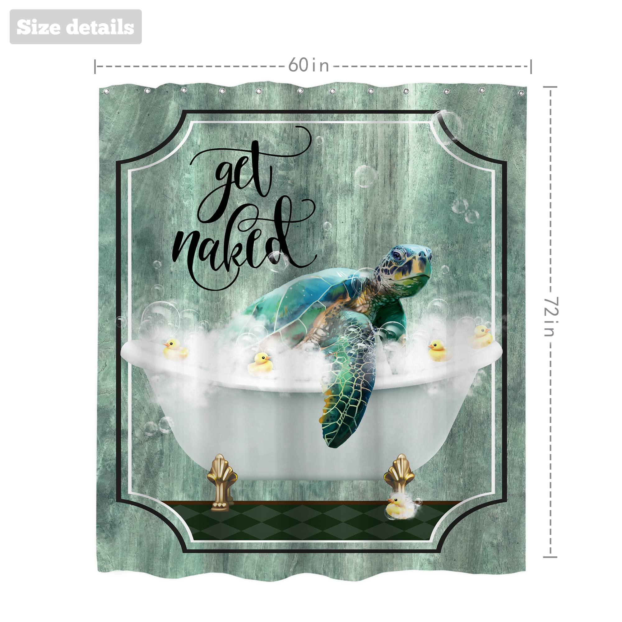 Lustiger Duschvorhang „Get Naked“ – Meeresschildkröte & Ente In Badewanne, Marineblau Aquarell Design, Wasserdicht, 178x178 Cm Mit 12 Haken