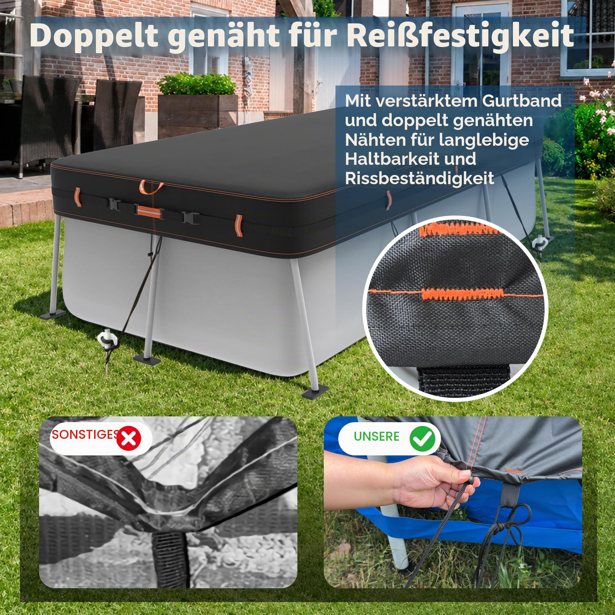 420D Rechteckige Poolabdeckung, Uv- Und ReißFest, 549x274cm, Winddichter Poolschutz FüR Aufstellpools, StrapazierfäHiges Planengewebe Mit Reflektierenden Streifen, Wetterfest
