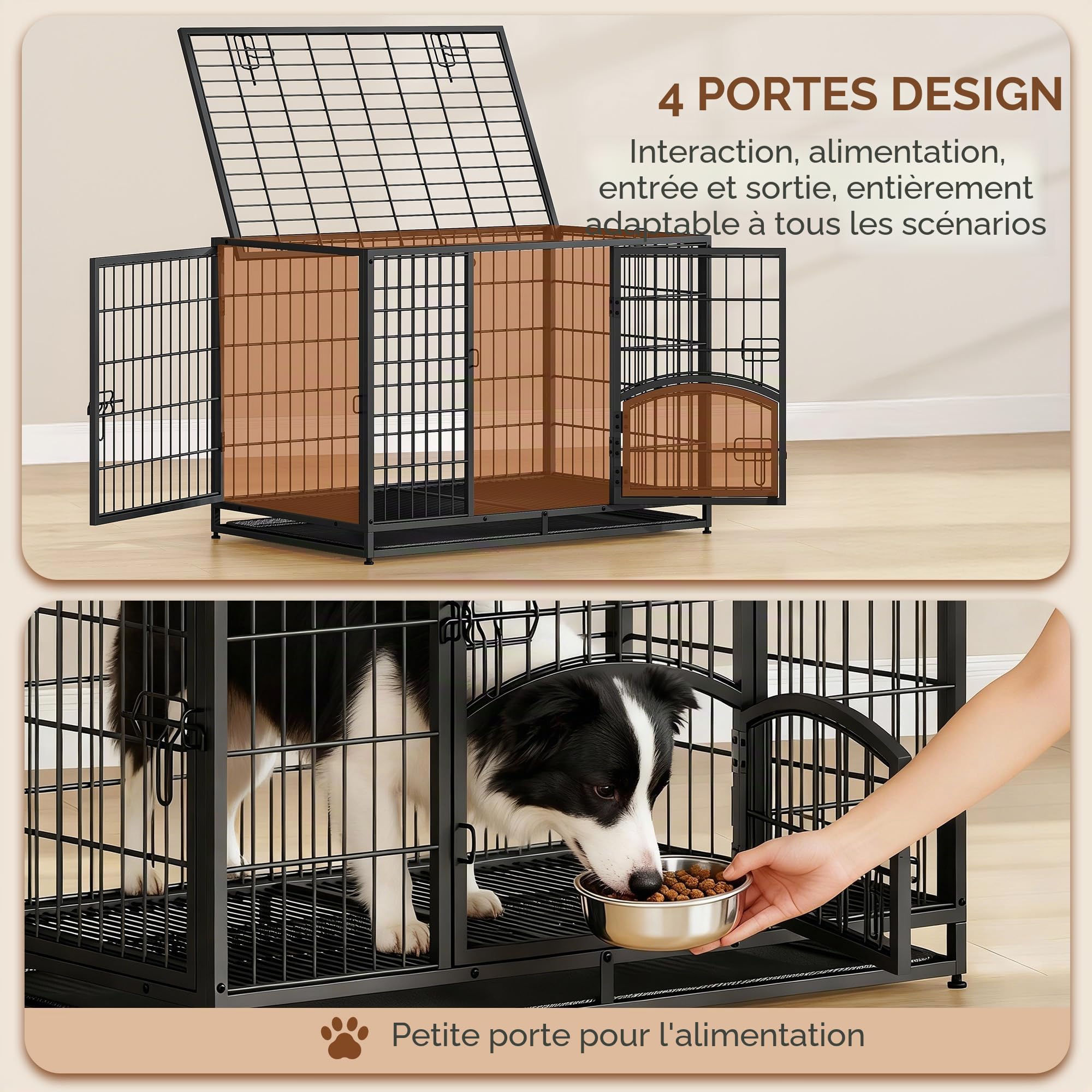 Cage pour Chien Lourd, XL Cage pour Chien Métal avec Porte Latérale et Plateau Amovible, Facile à Nettoyer, 4 Portes Caisse pour Animaux, Caisse Chien Intérieur, Noir, 107 x 70 x 75 cm