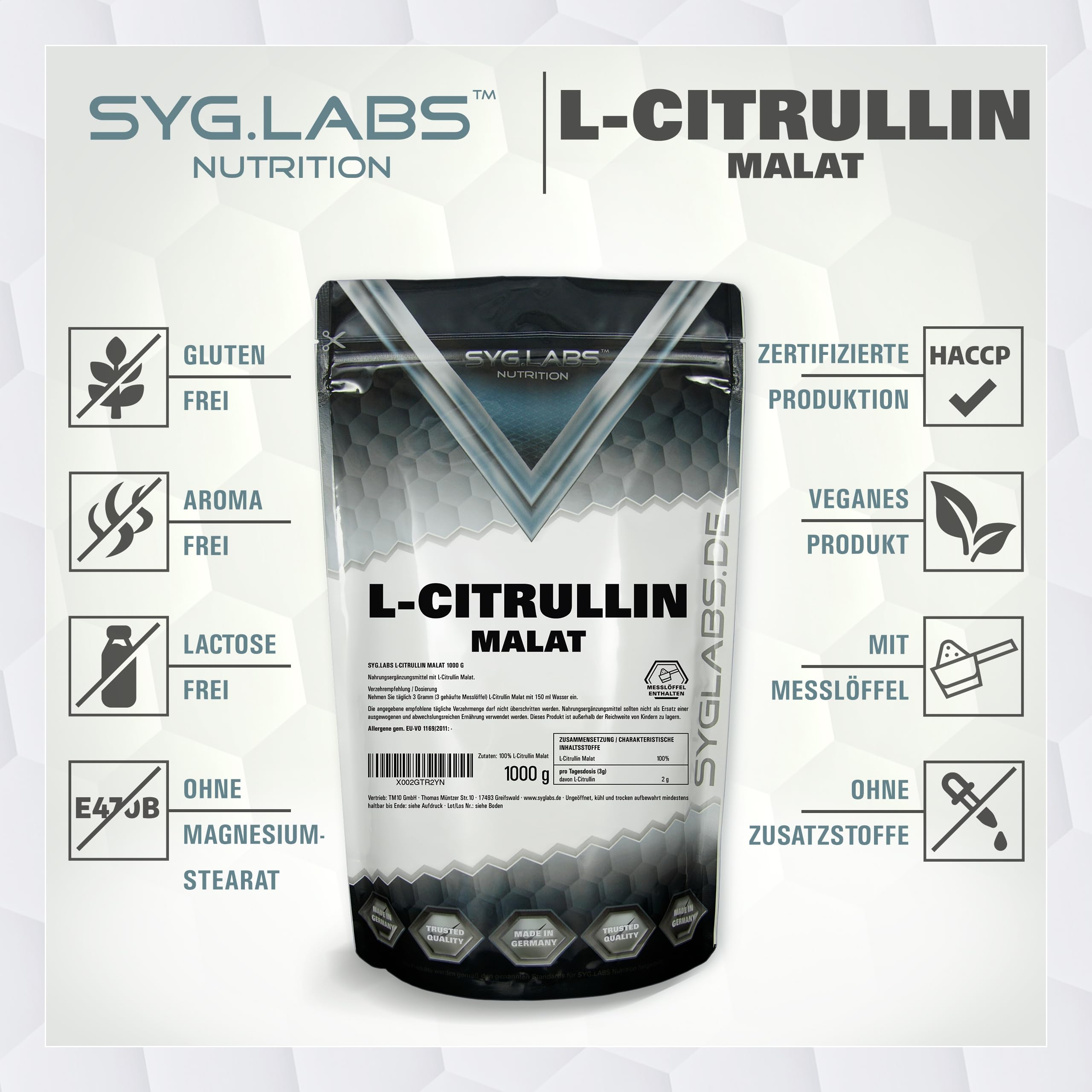 L-Citrullin Malat 2:1 1000g, optimale Löslichkeit - vegan und ohne Zusätze - Aminosäure Citrullin