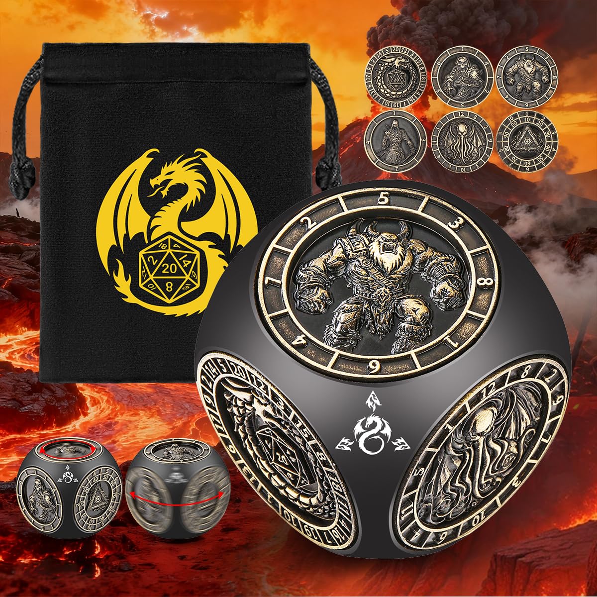 Dés à Faire Tourner du Bout des Doigts pour D&D, Set de 7 dés en métal, avec Pochette de Rangement Logo Dragon, Cube en Relief 3D, dés pour Jeu de rôle D&D, Accessoire de Jeu de société, cuivre Noir