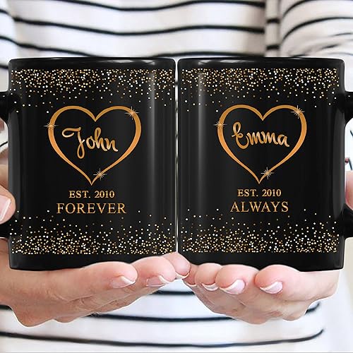 Miniatura 2 de Tazas de café de cerámica personalizadas corazón dorado, nombre personalizado y est. para parejas, conjunto de dos, cumpleaños, aniversario, regalo