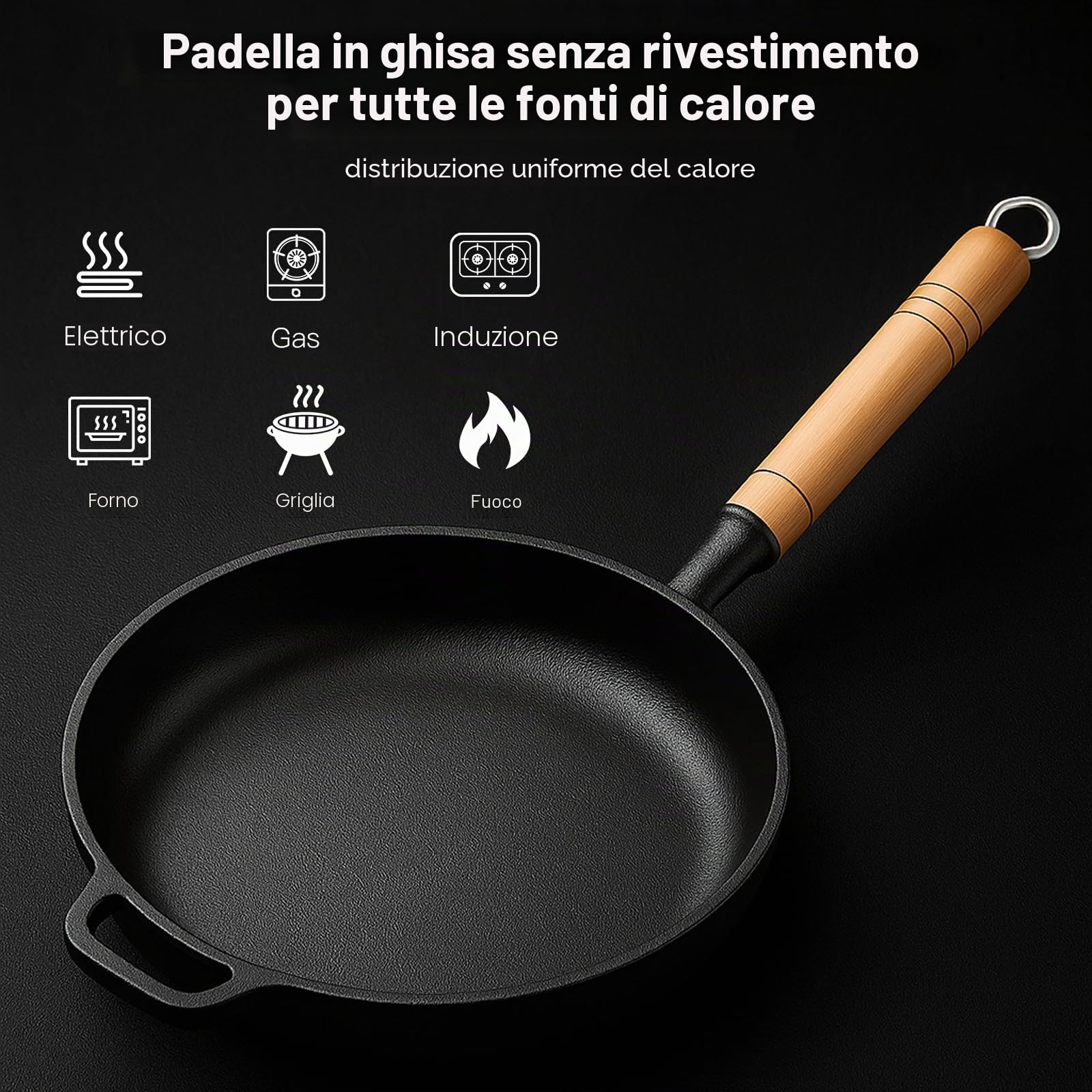 Padella in ghisa con manico in legno rimovibile, 23 a 29 cm padella in ghisa senza rivestimento, per tutti i tipi di fornelli