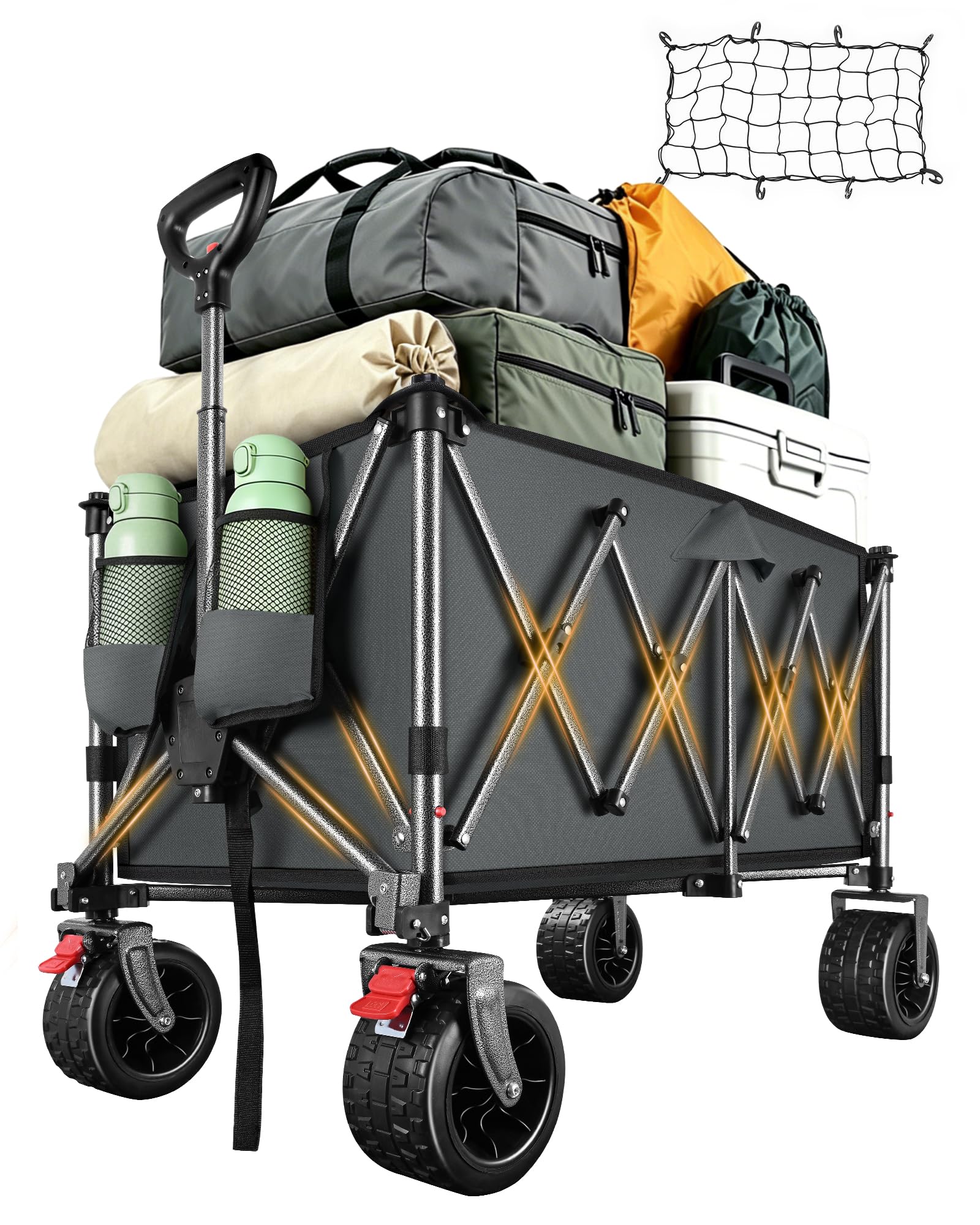 YEAUPE PRO Chariot de Plage 200L 200KG, Roues Tout-Terrain 17x10 cm, Gris | Chariot Pliable avec Freins Doubles, Léger 11.7 kg pour Camping, Jardin, Plage, Courses, Pique-Nique, Parc & Festival