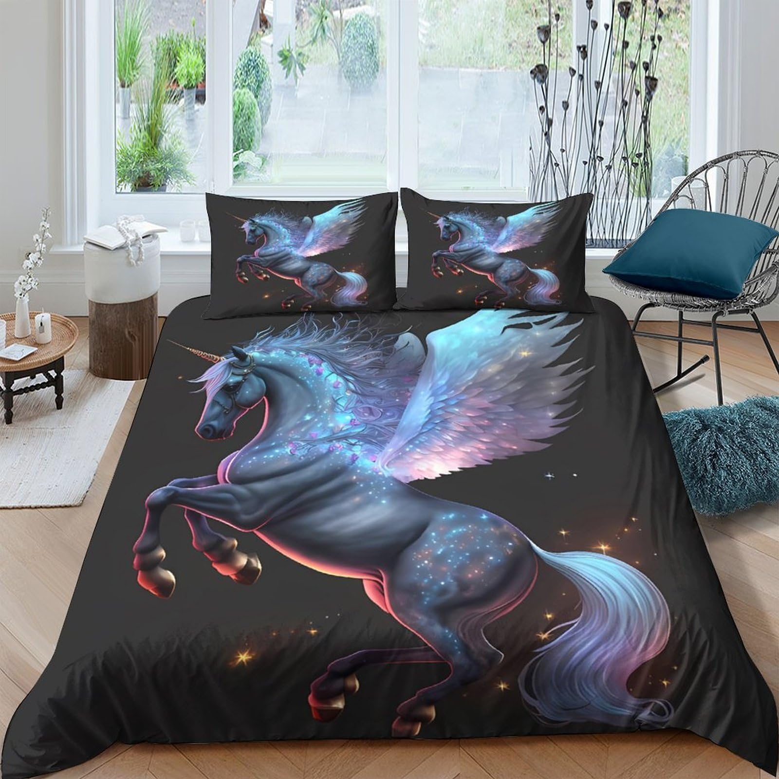 Ctjqhvkz Style-2 3D Printed Fantasy Unicorn Fitted Sheet Microfiber Soft Black Blue Pegasus Mattress Cover For Bedroom Dorm Decor Single（135X200cm）
