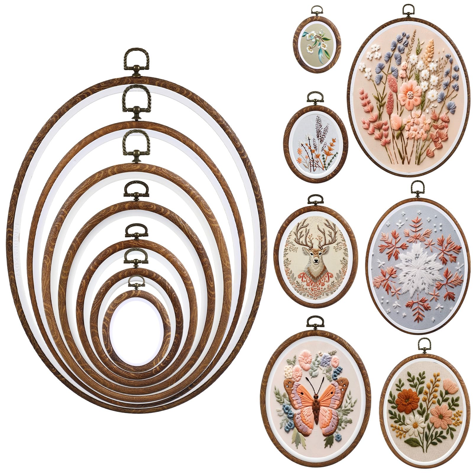 Photo 1 of Suncalla 7 Pcs Large Oval Embroidery Hoop Frame Set Decorative Imitated Wood Embroidery Frame Oval Cross Stitch Hoop Ring for Art Craft DIY Sewing and Hanging Ornaments Decor
