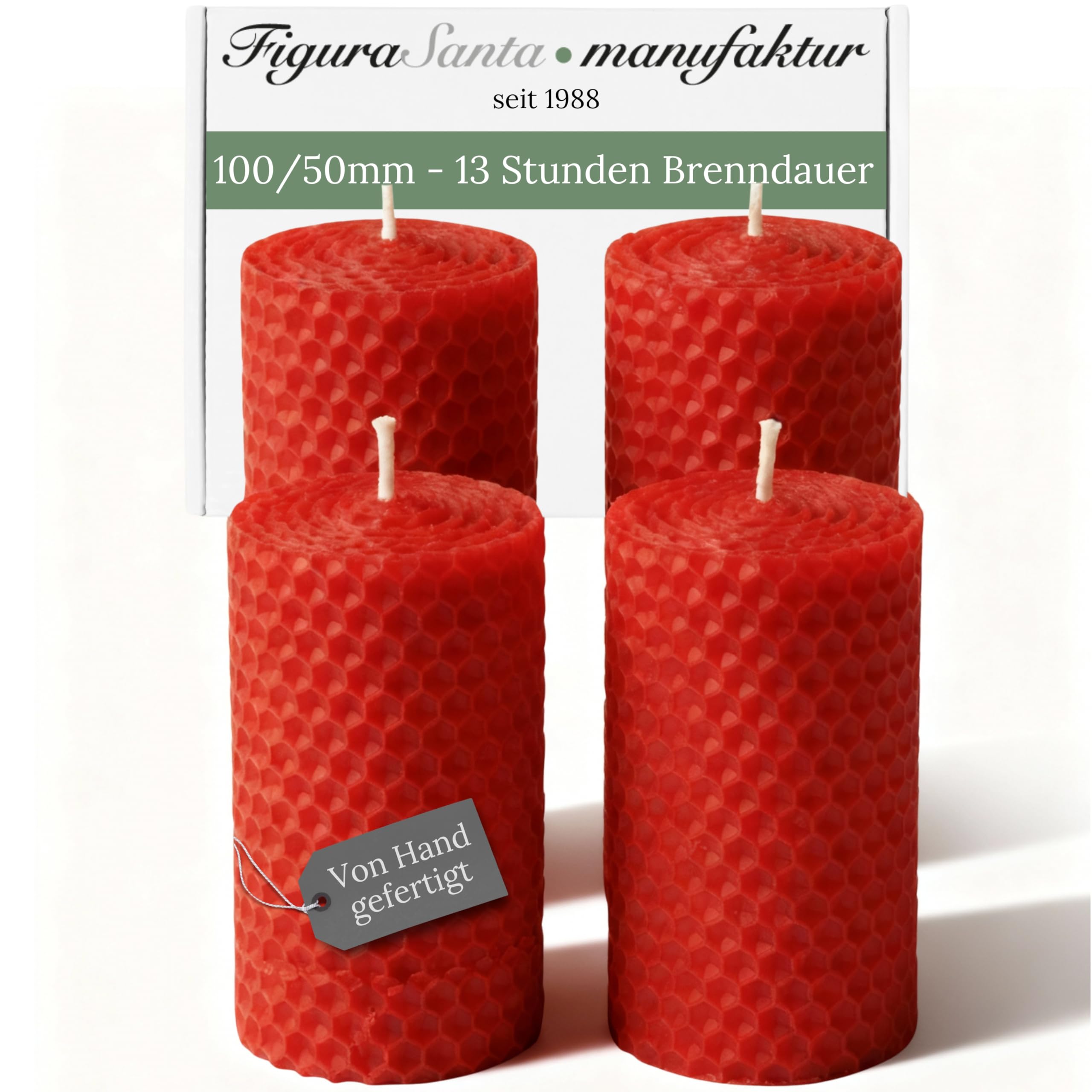 4 Bienenwachskerzen rot 10 * 5 cm - Wabenkerzen 100% Kerzen Bienenwachs Bio handgefertigt - Kerzen Adventskranz Weihnachtskerzen Honigkerzen ohne Paraffin - 13 Std. Brennzeit