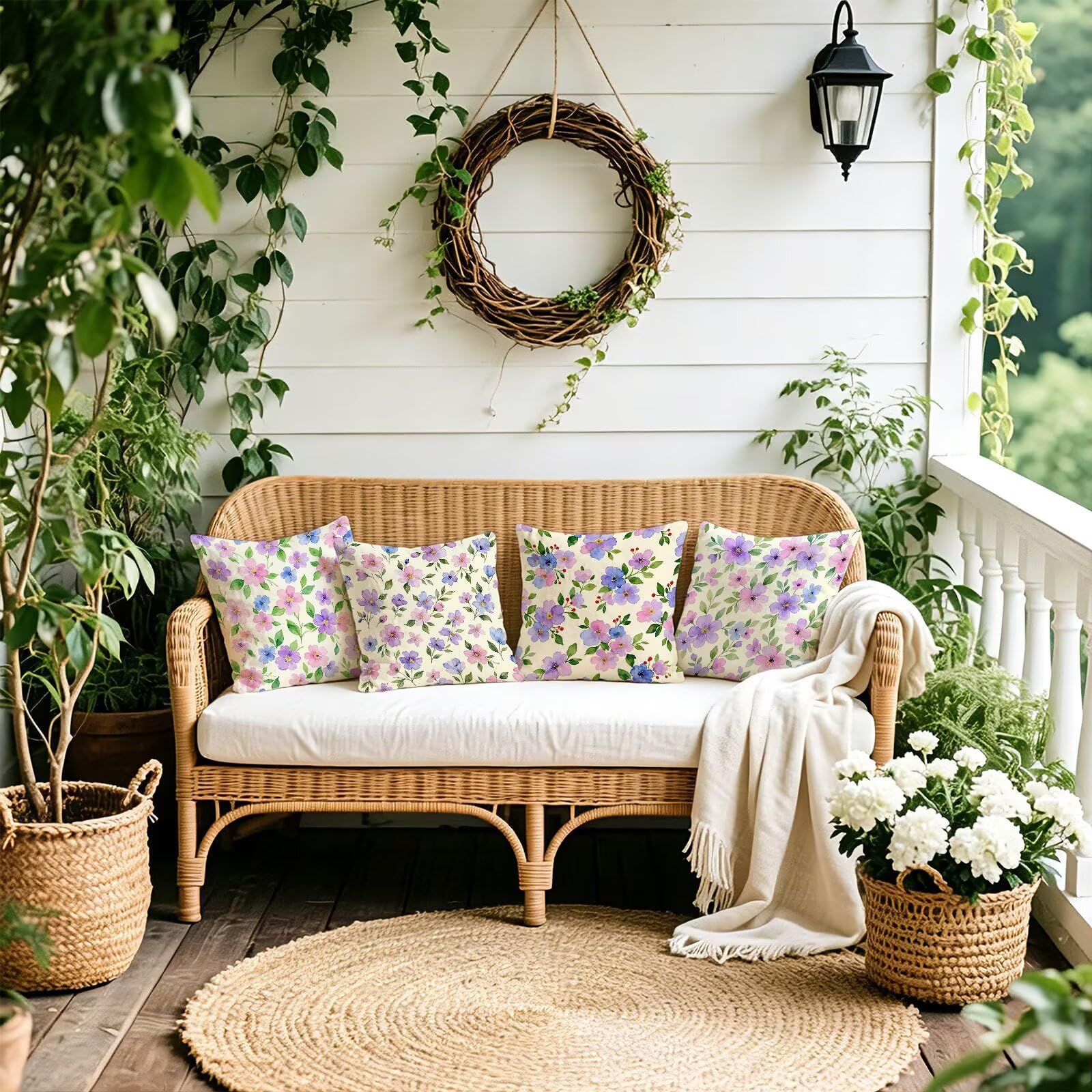 Viola Federe Cuscini Divano 40x40cm, Cuscini da Esterno Set de 4, Cod-144 | Lin Copricuscini Decorativi Letto Arredo, per Letto, Soggiorno, Giardino, Esterno, Casa Decorazione Set di 4 Fiore